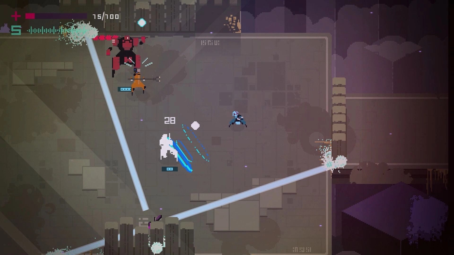 Fully Automated: Intense arena battle with character dodging lasers and enemies in a pixelated map environment