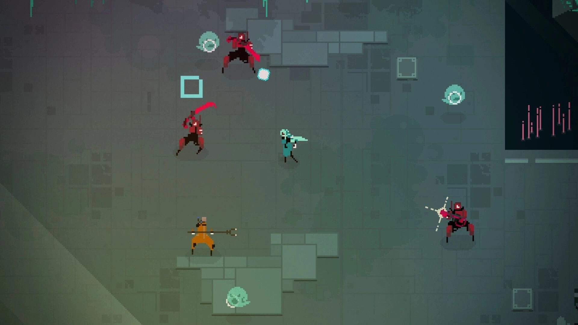 Fully Automated: Top-down combat with pixel characters and scattered floating orbs in a dungeon setting.