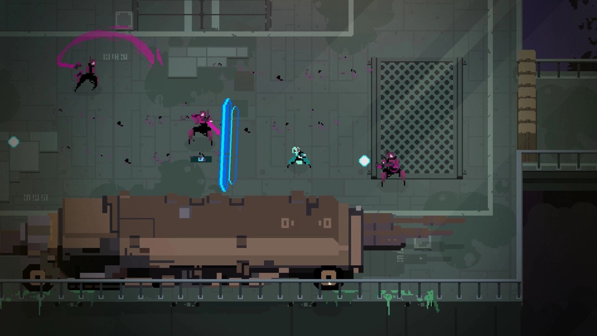Fully Automated: Player dodges enemy attacks with glowing shield in industrial complex setting