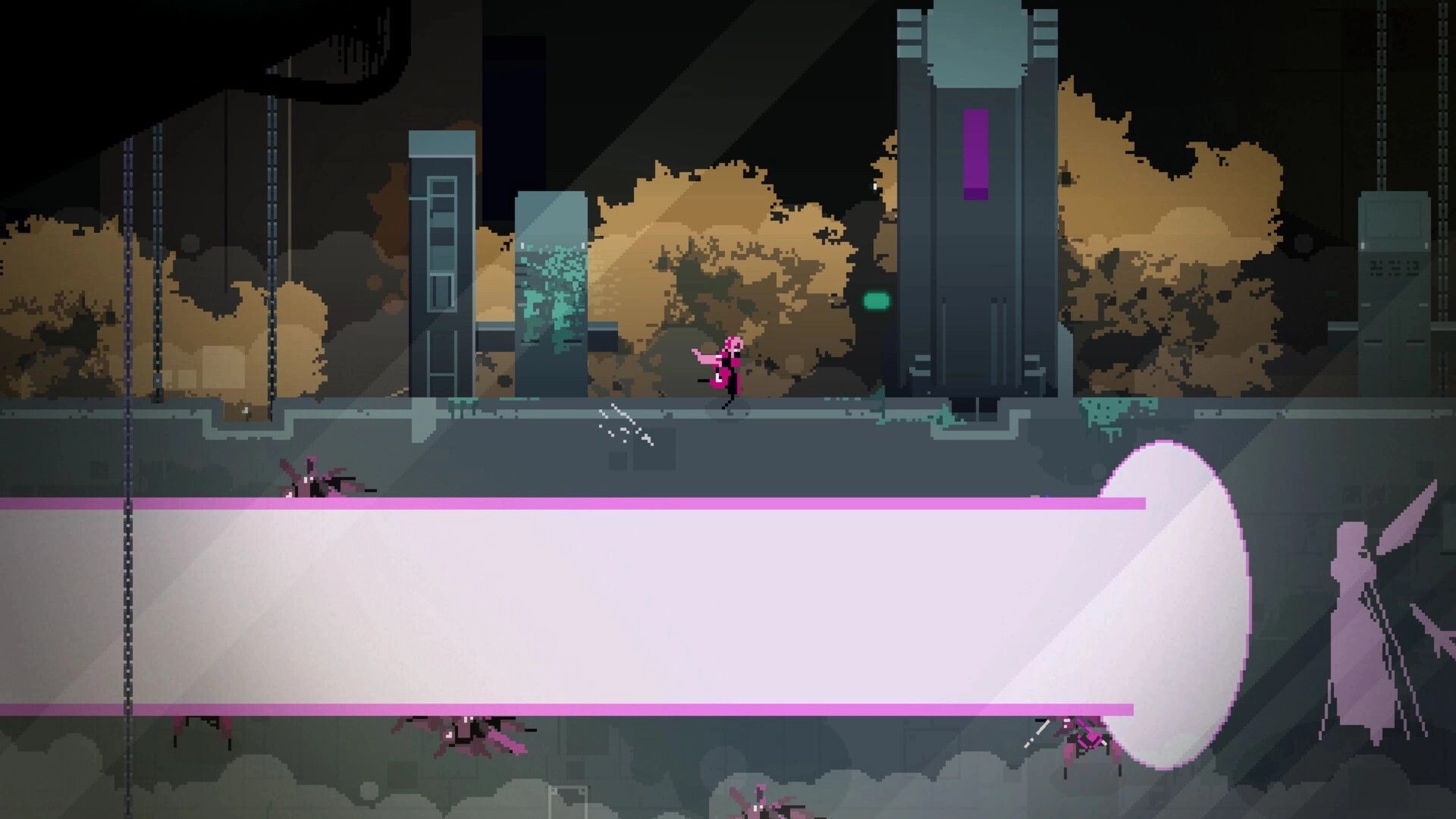 Fully Automated: Character with pink scarf runs through futuristic cityscape with giant text box below