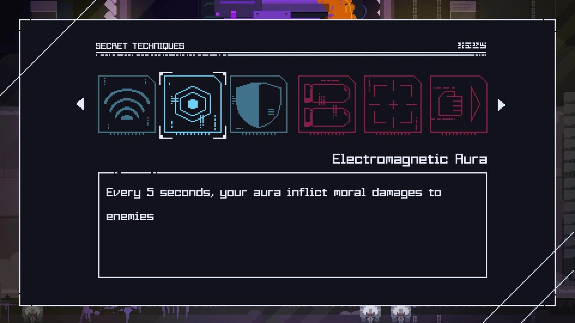 Fully Automated: Selecting "Electromagnetic Aura" from Secret Techniques menu with detailed description