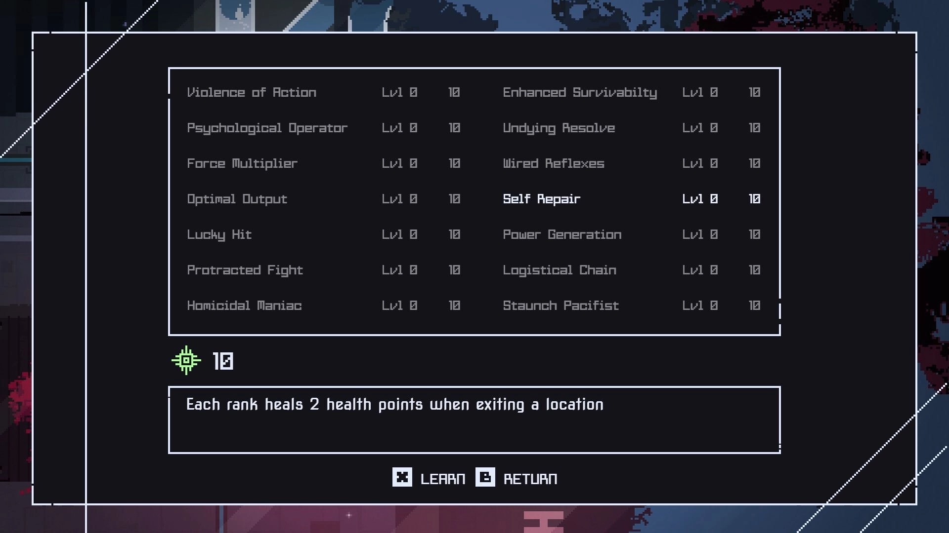 Fully Automated: Skill upgrade menu with options like Self Repair and Power Generation in dark interface