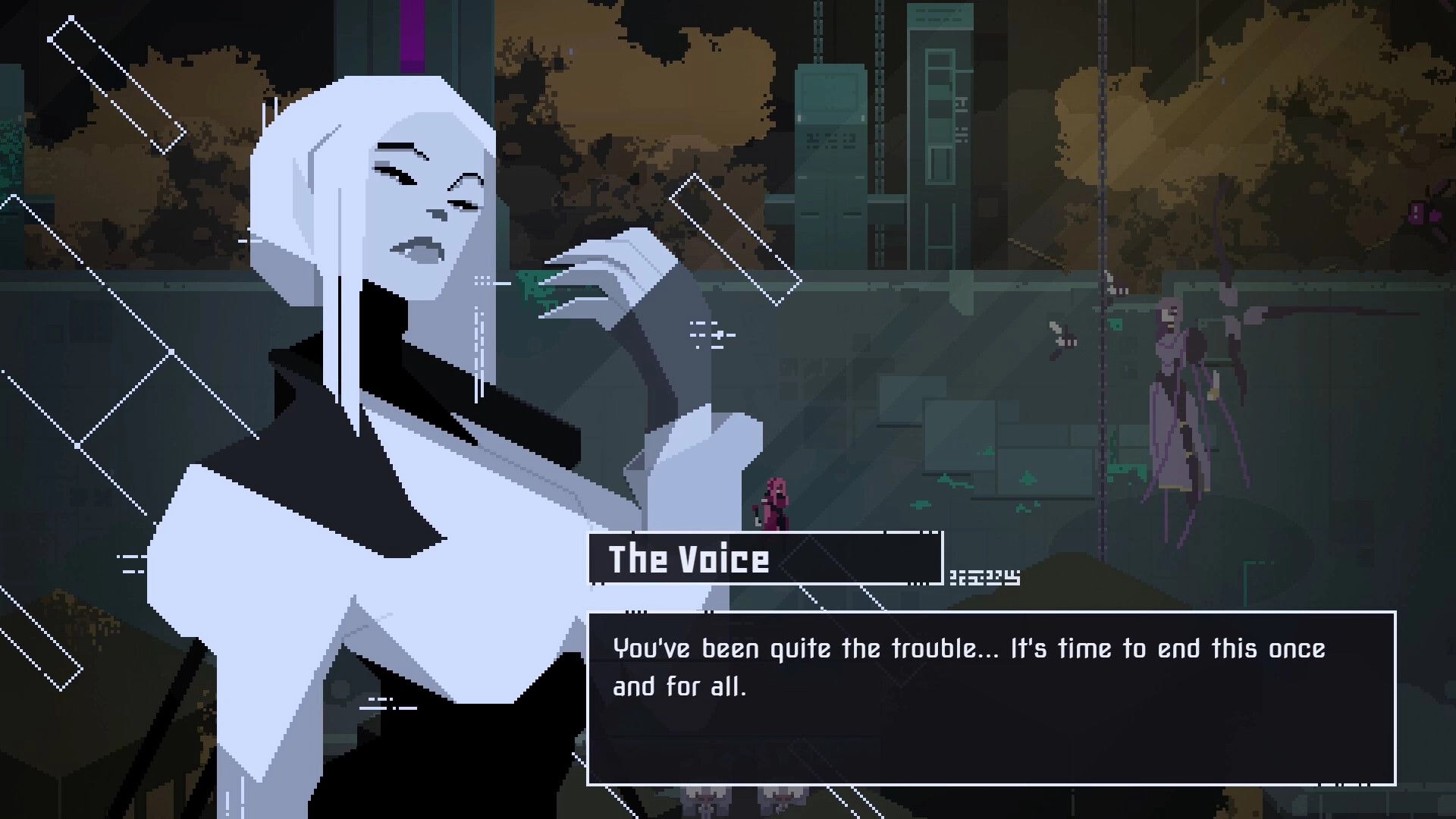 Fully Automated: "The Voice" character dialogue with pixel art backdrop in a dystopian urban environment