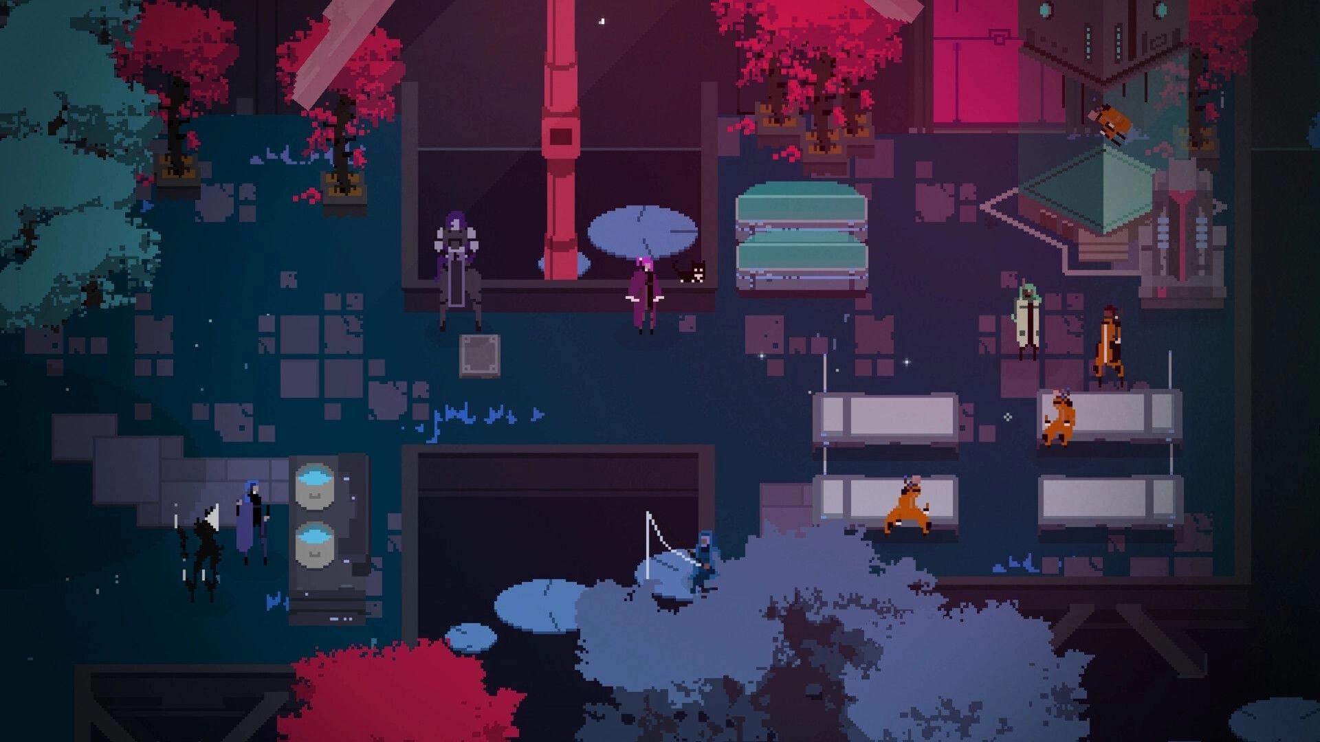 Fully Automated: Characters explore a vibrant pixel art village with red trees and various NPCs present