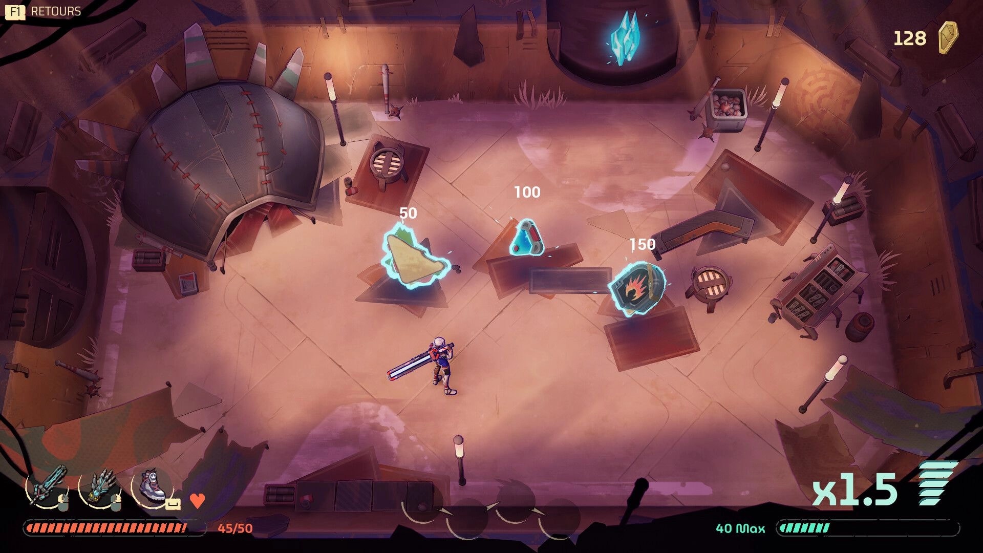 Furyball: Player in shop room choosing glowing upgrades with 50/100/150 costs in scrapyard arena.