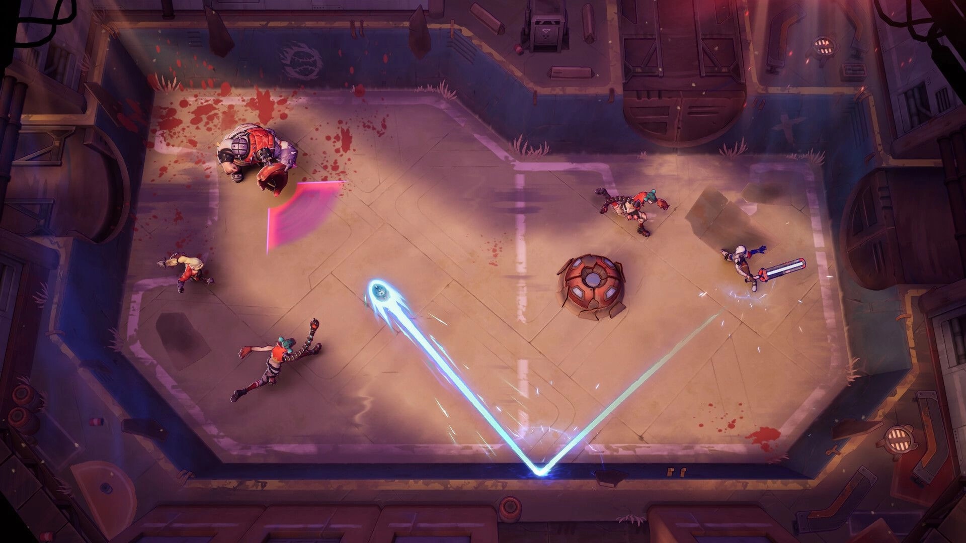 Furyball: Glowing bullet ball ricochets across a grimy arena as fighters clash near a central bumper.