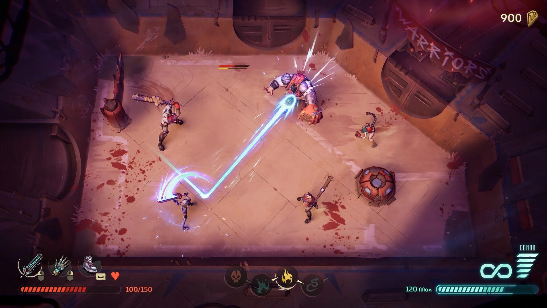 Furyball: Ricochet bullet ball beams into a brute enemy in a bloodstained arena with HUD combo meter.