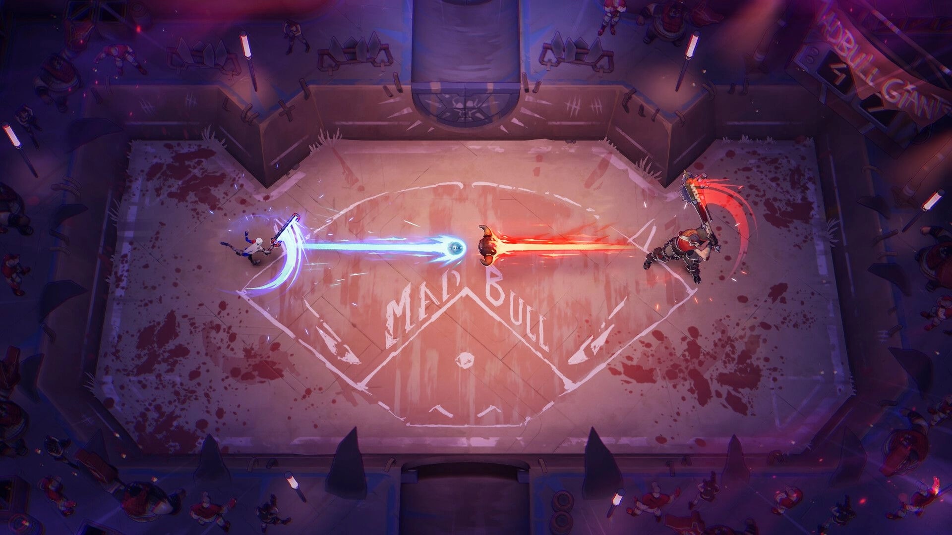 Furyball: Duel of blue and red energy strikes over a bouncing ball in a bloodstained arena court.