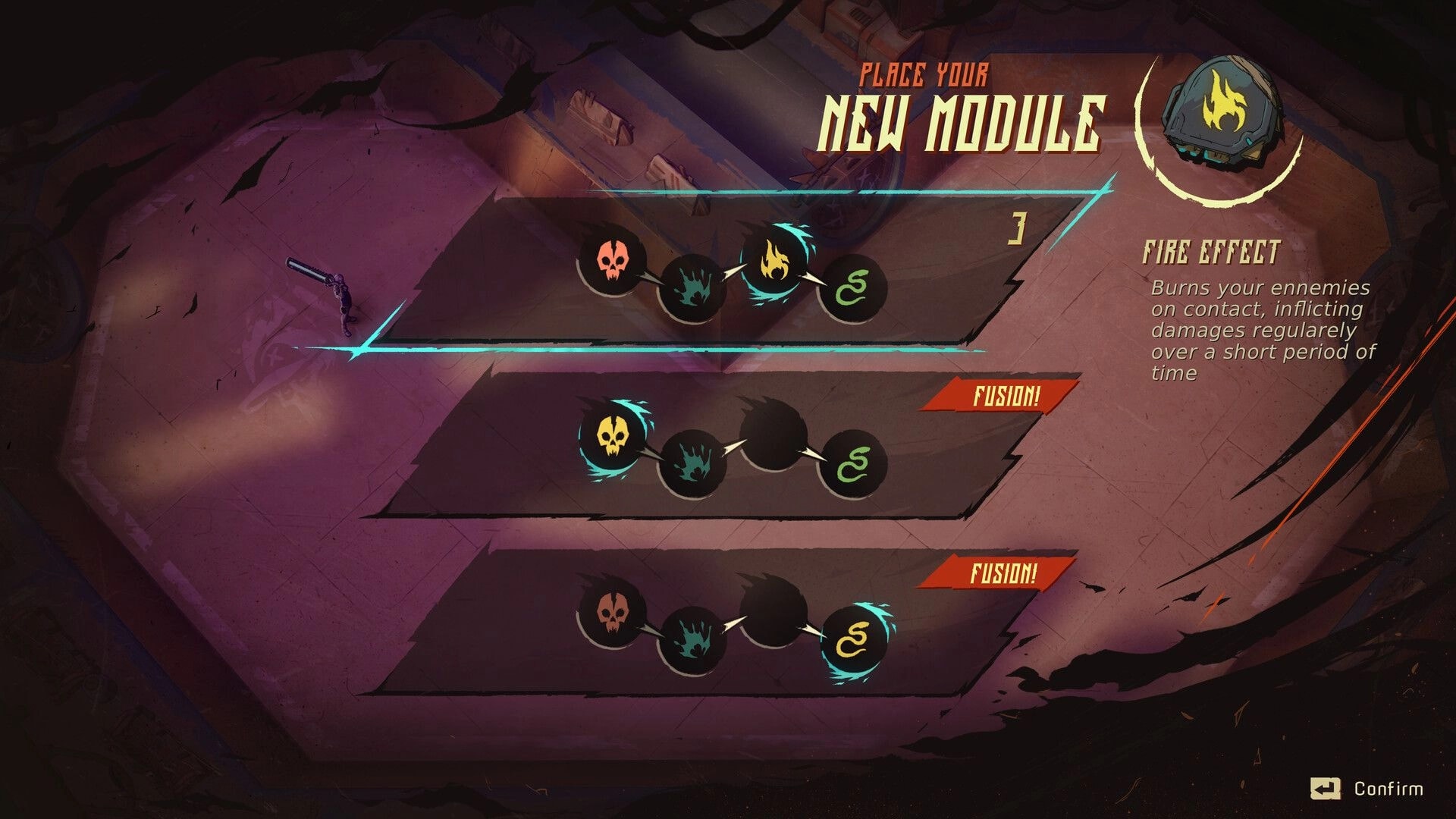 Furyball: Place your new module upgrade menu with Fire Effect description over a gritty arena backdrop.