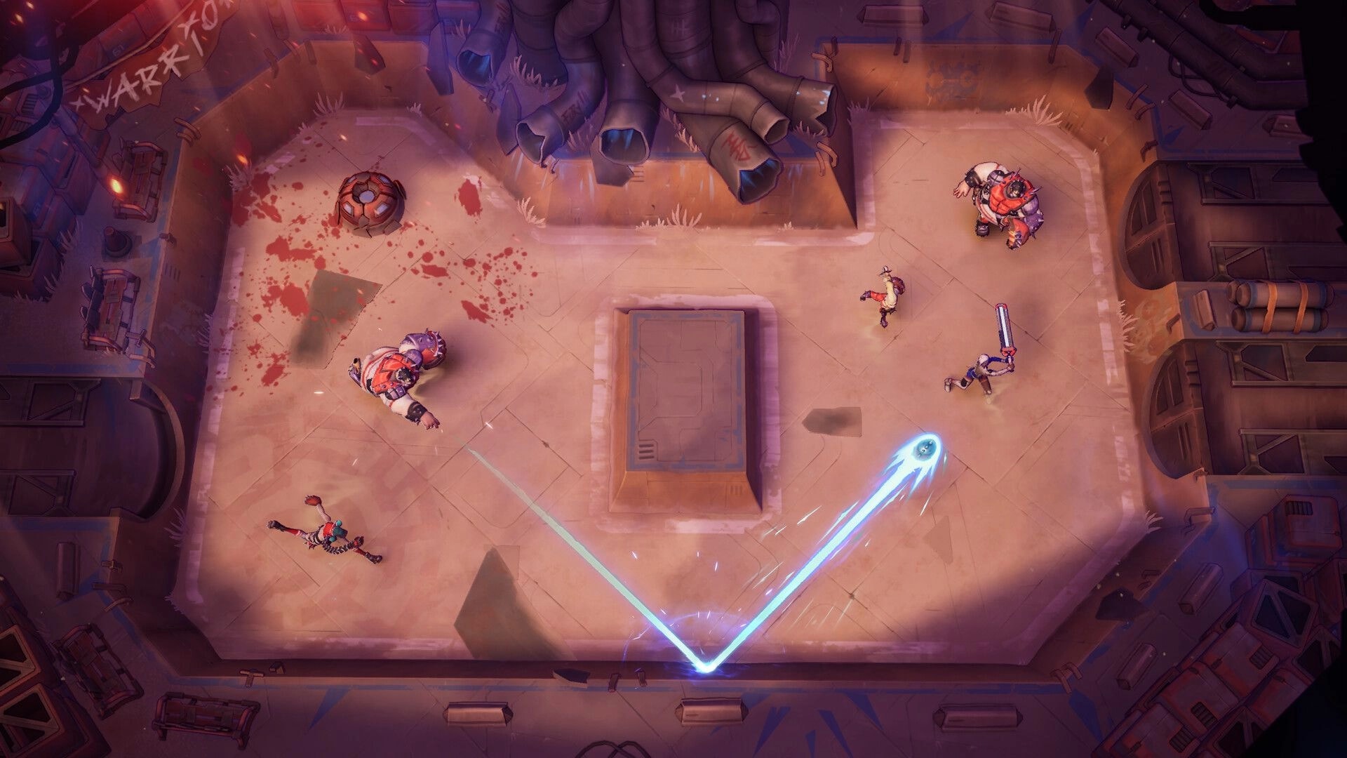 Furyball: Glowing ricochet ball streaks across arena as fighters battle amid bloodstains and debris.