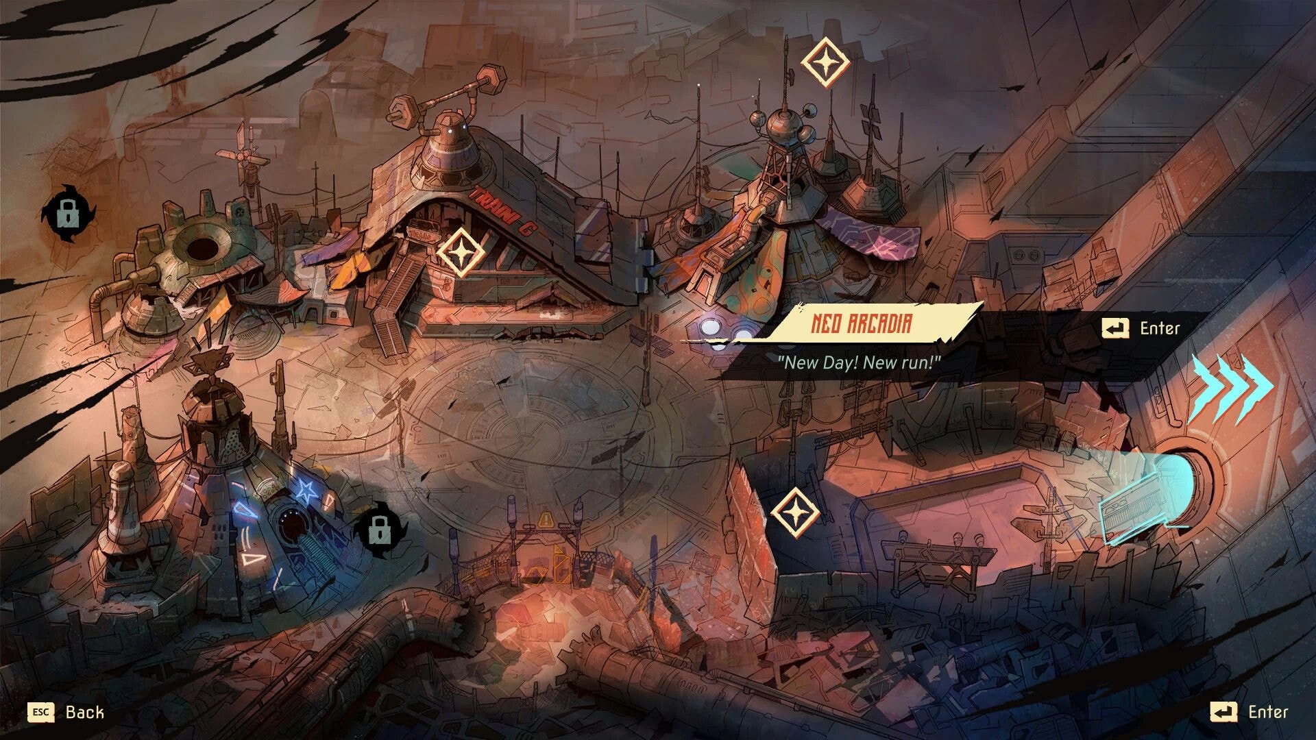 Furyball: World map hub highlighting Neo Arcadia with Enter prompt, locked nodes, and arena icons.