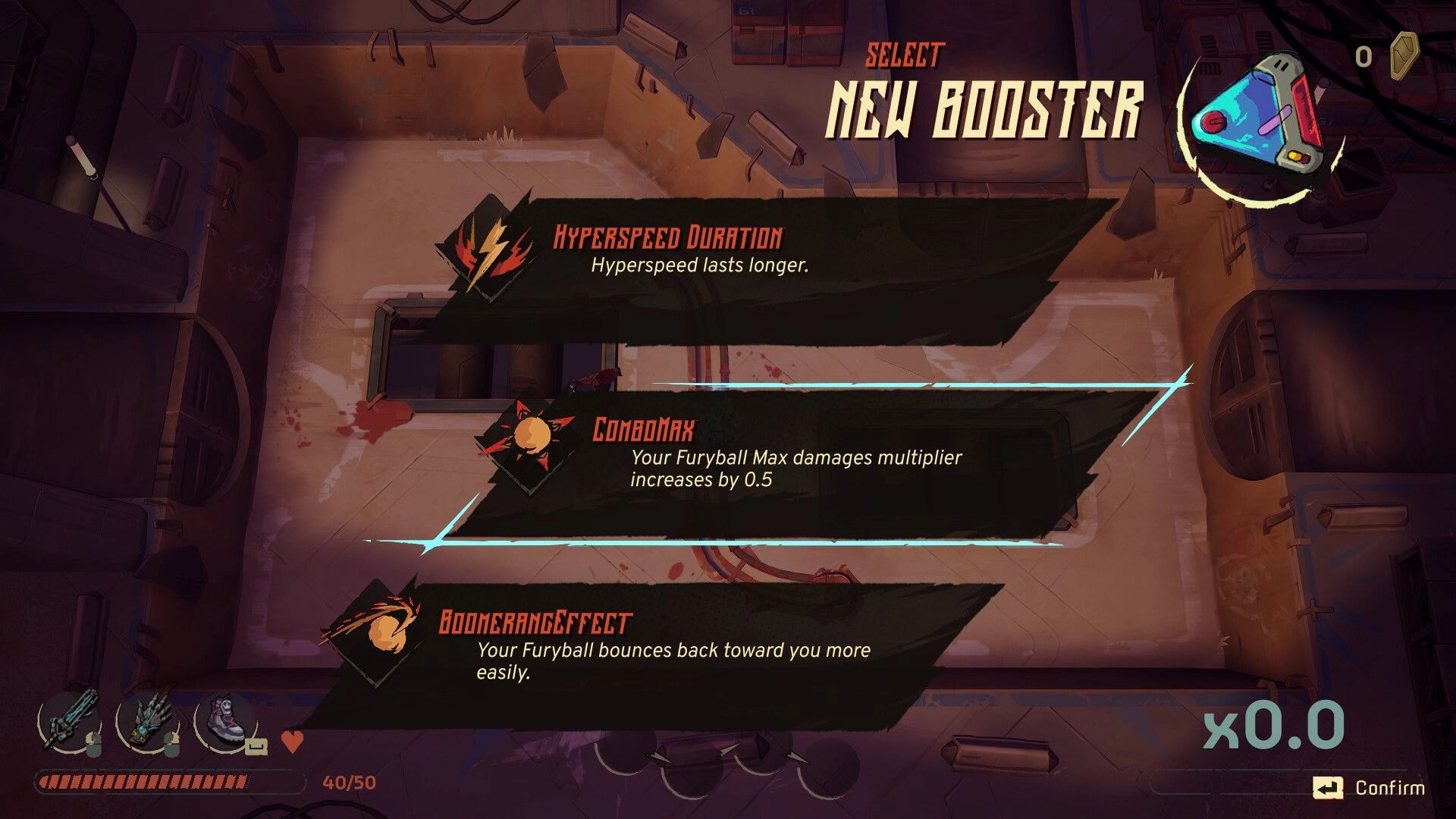 Furyball: New Booster selection menu with three upgrade cards over a gritty arena floor UI.