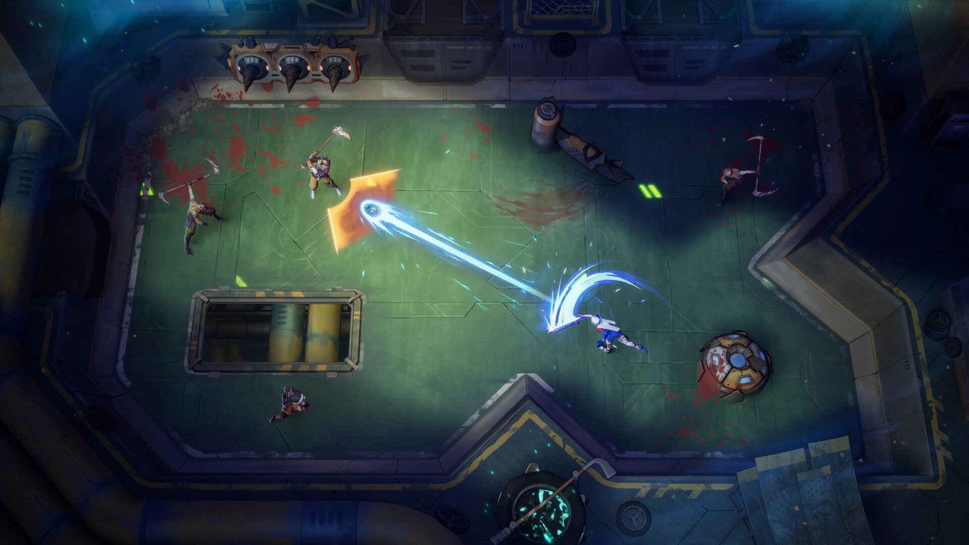 Furyball: Player launches a glowing ricochet ball at enemies in a grimy sci-fi arena room.