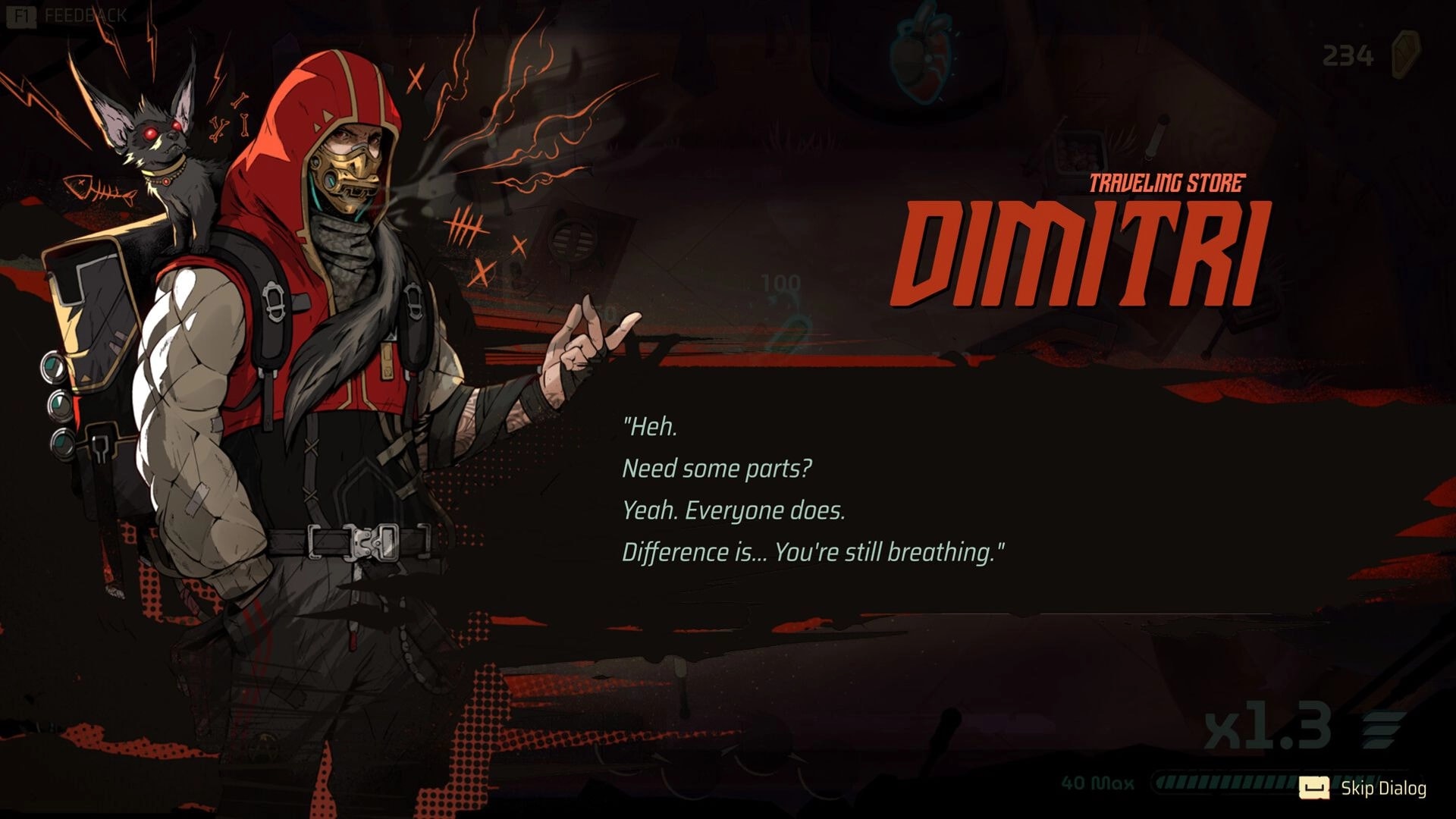 Furyball: Traveling store dialog with Dimitri in a red hood and mask, currency and skip UI overlay.