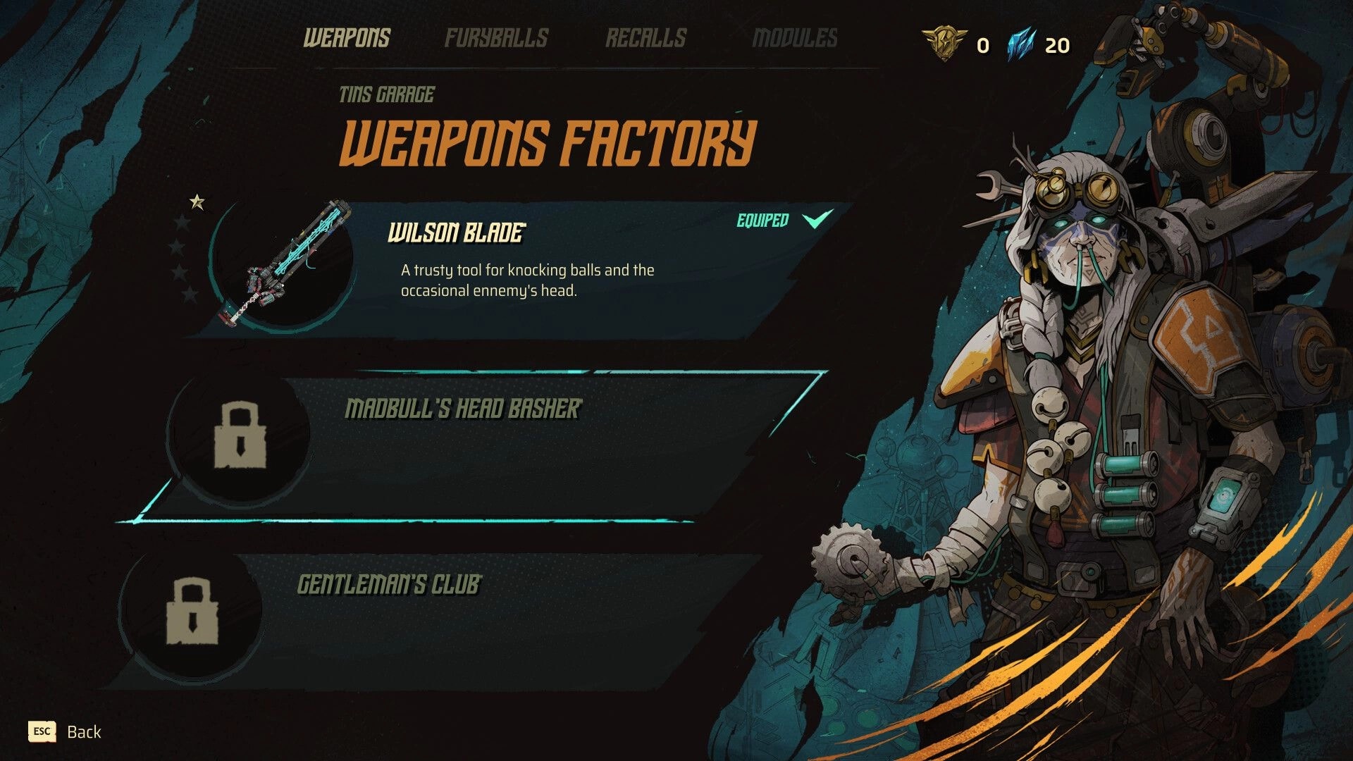 Furyball: Weapons Factory menu with Wilson Blade equipped, locked weapons listed, mechanic portrait backdrop.
