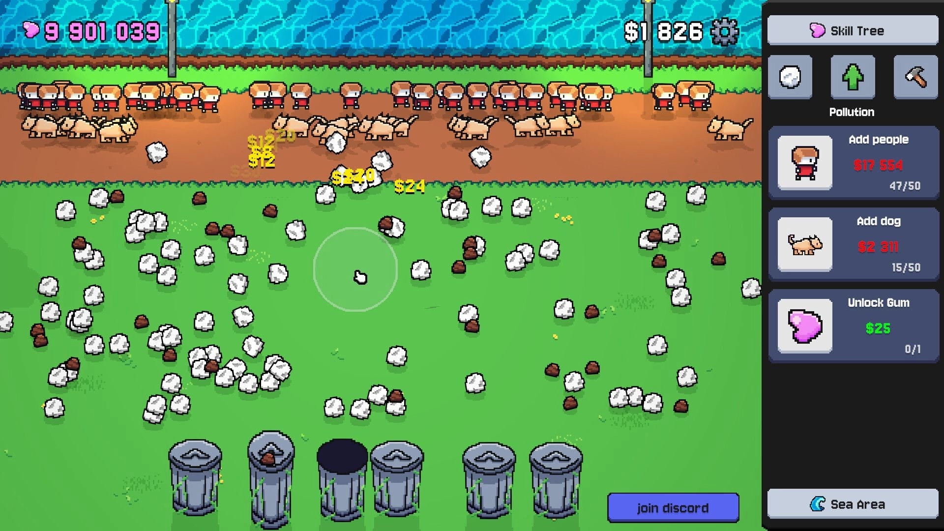 Garbage Growth: Dogs and workers collect trash piles on grassy field, skill tree shop panel open.