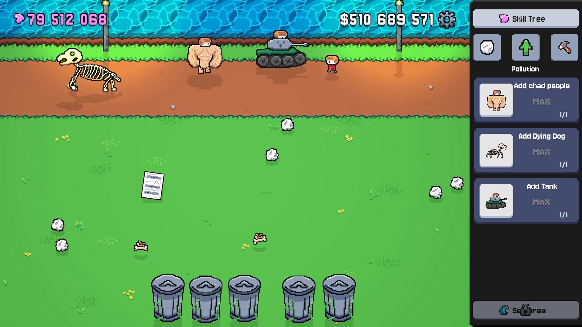 Garbage Growth: Skill Tree menu for pollution upgrades beside field with tank, buff guy, dying dog.