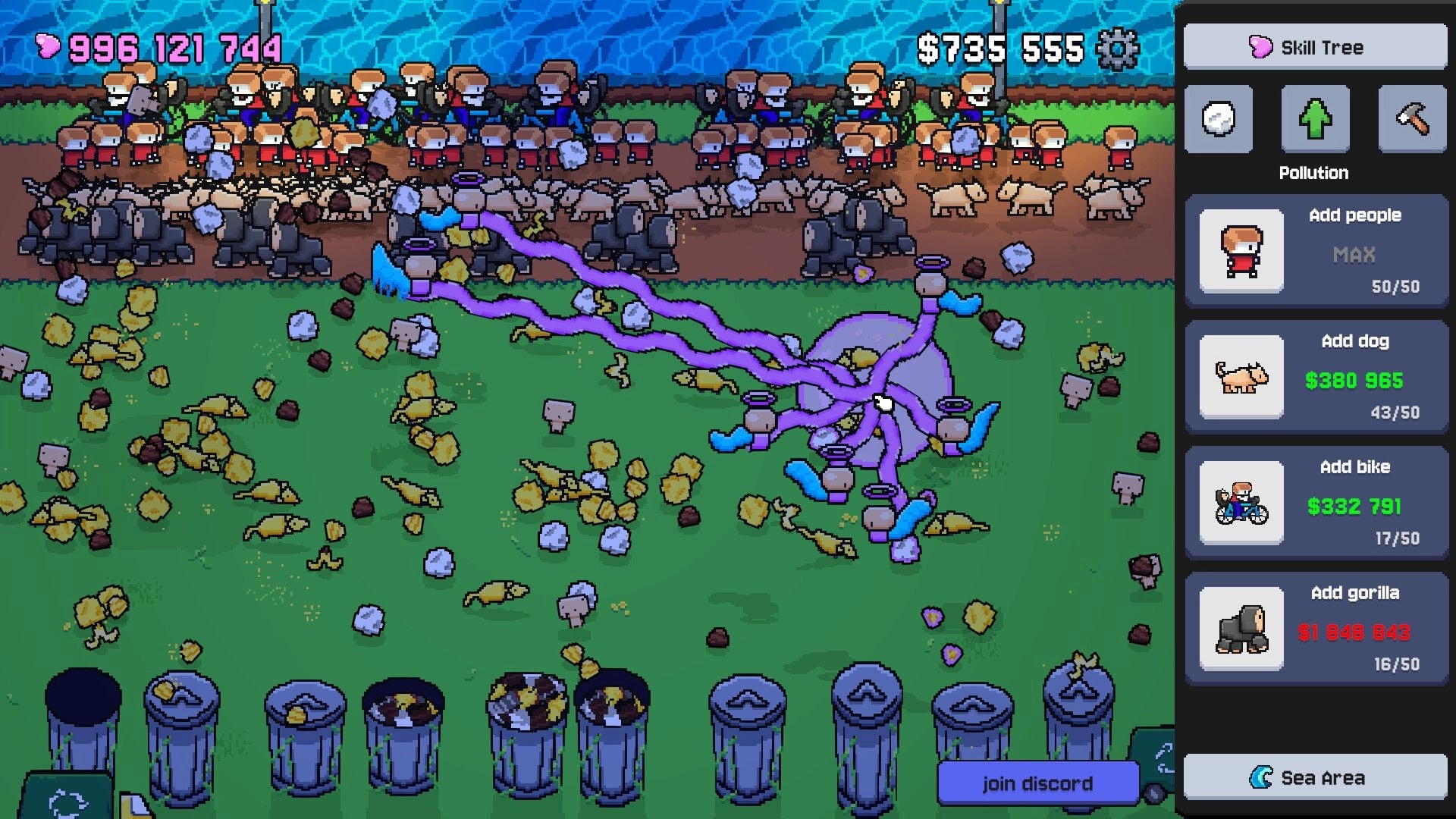 Garbage Growth: Crowded trash pickup line with purple pipes and Skill Tree panel over grassy dump area.