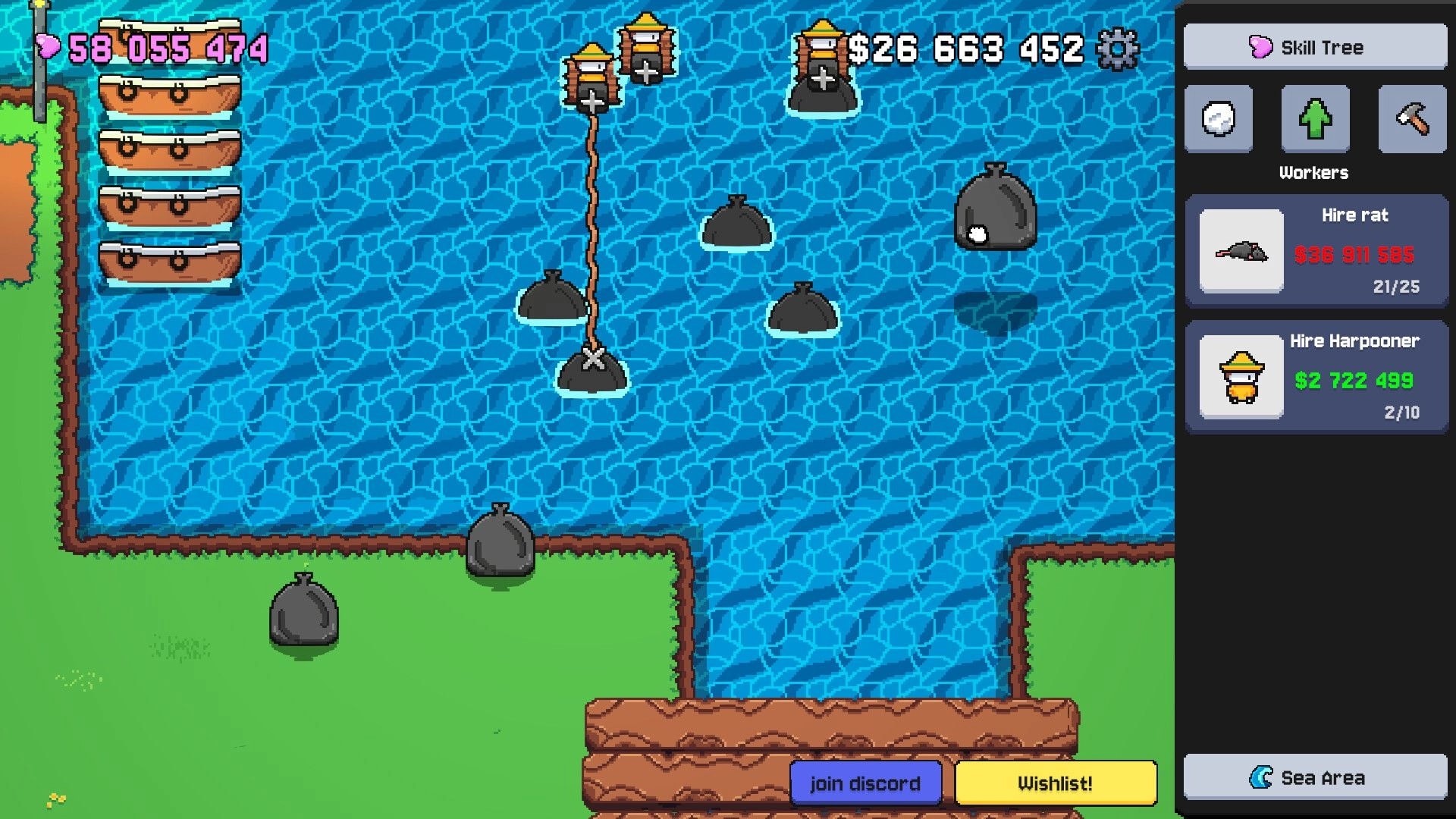 Garbage Growth: Sea area view with floating trash bags, boat docks, and worker hire menu open.