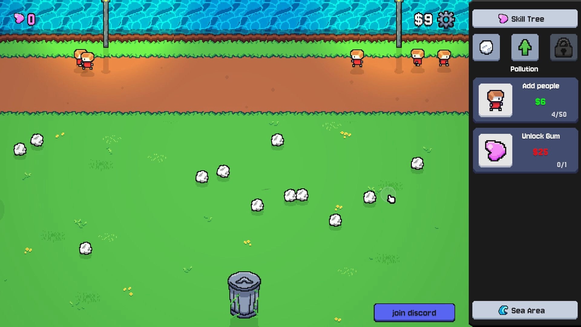 Garbage Growth: Skill Tree panel buying people and gum while clicking trash on grassy sea area shore.