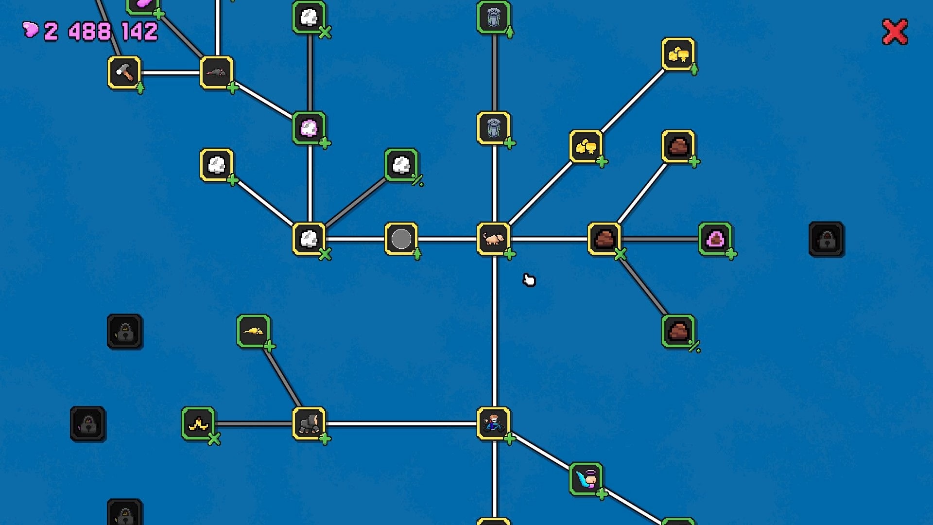 Garbage Growth: Upgrade tree map with connected trash icons, currency counter, and close button on blue grid.
