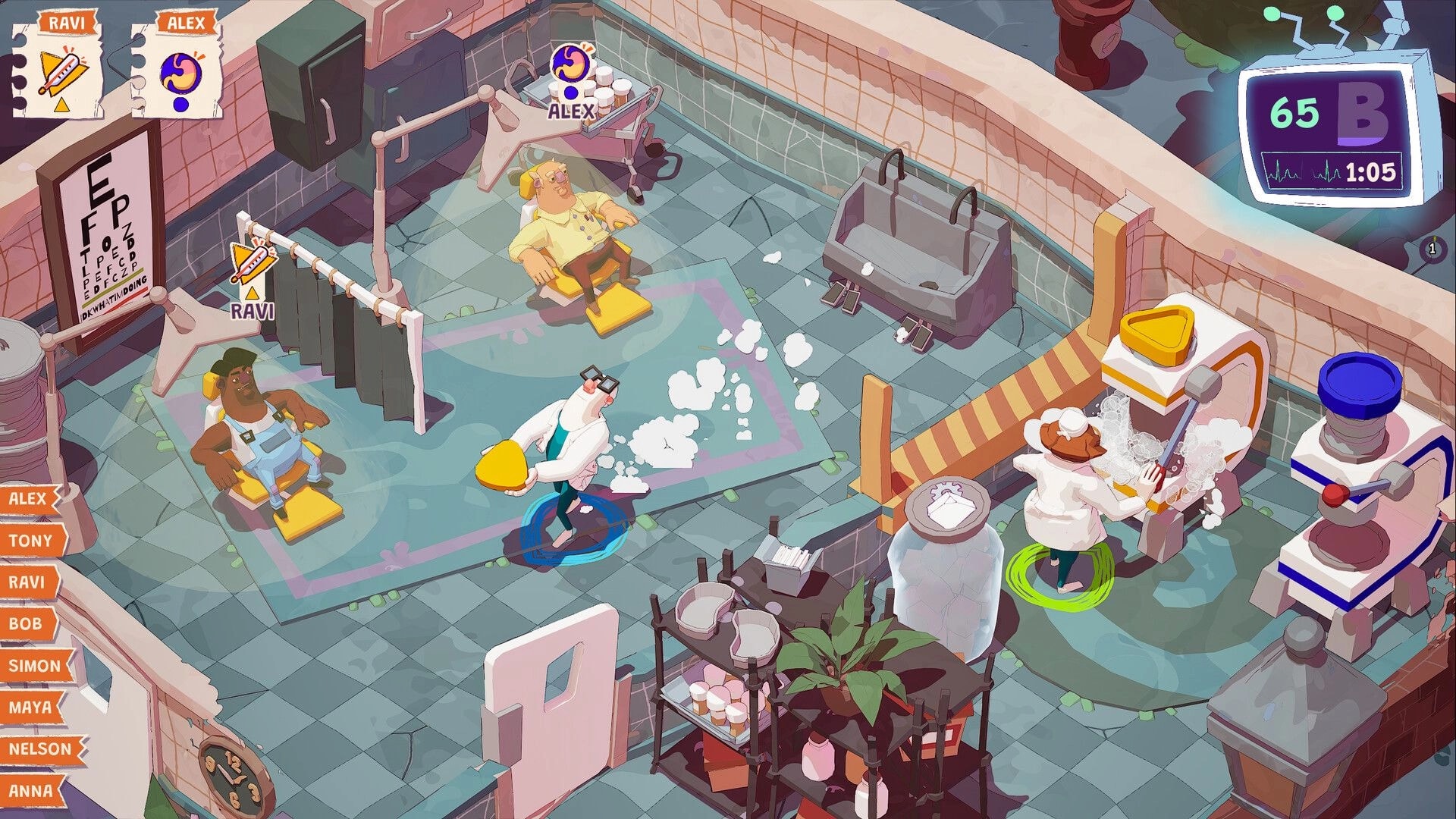 General Practice: Two doctors multitask in a clinic, treating patients with timers and task icons UI.