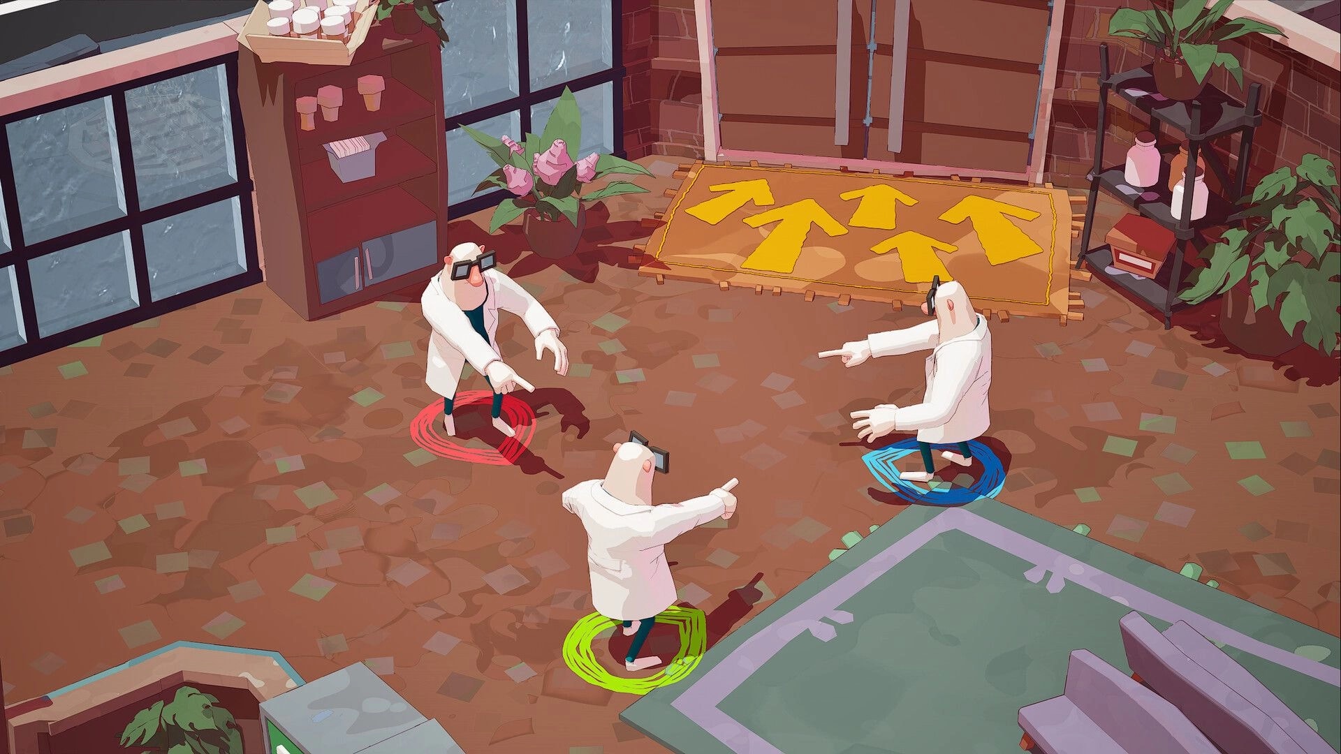 General Practice: Three doctors point at each other in clinic lobby with arrow rug and plants nearby.