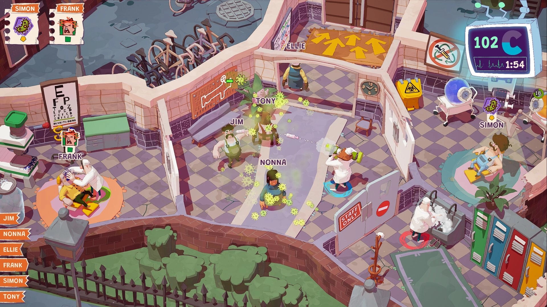General Practice: Co-op doctors spray germs and treat patients in a busy clinic ward with timer UI.