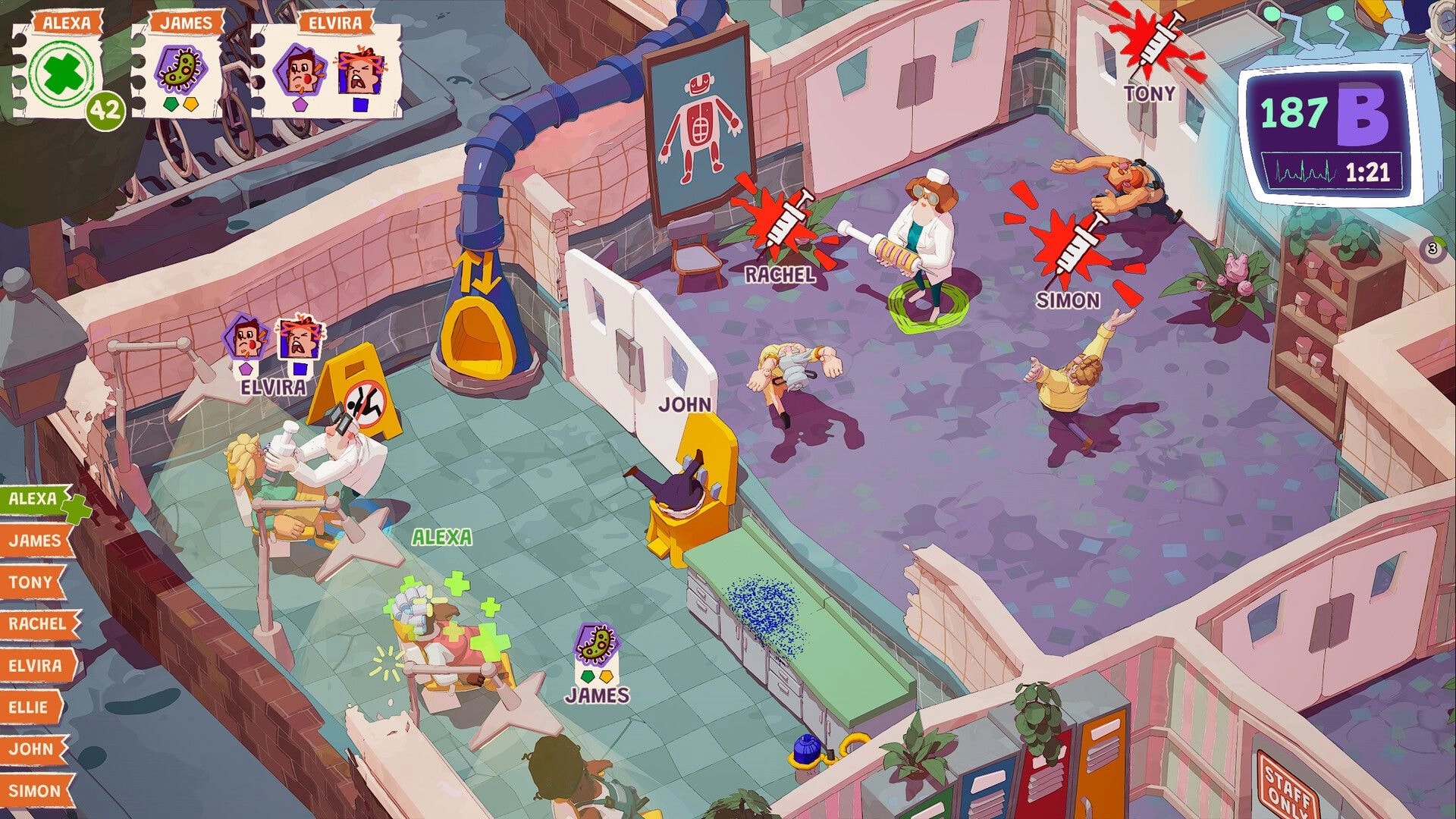 General Practice: Doctor holds giant syringe as patients collapse in ward, timer and bed UI visible.