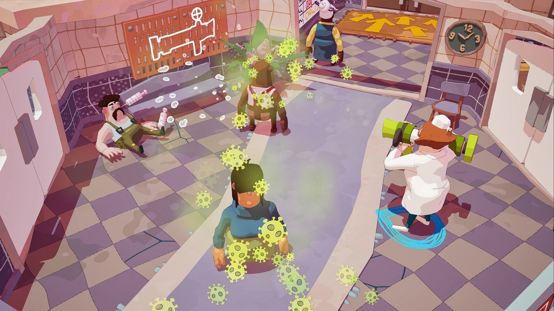 General Practice: Doctor aims a green cannon at germ-covered patients in a tiled clinic hallway.