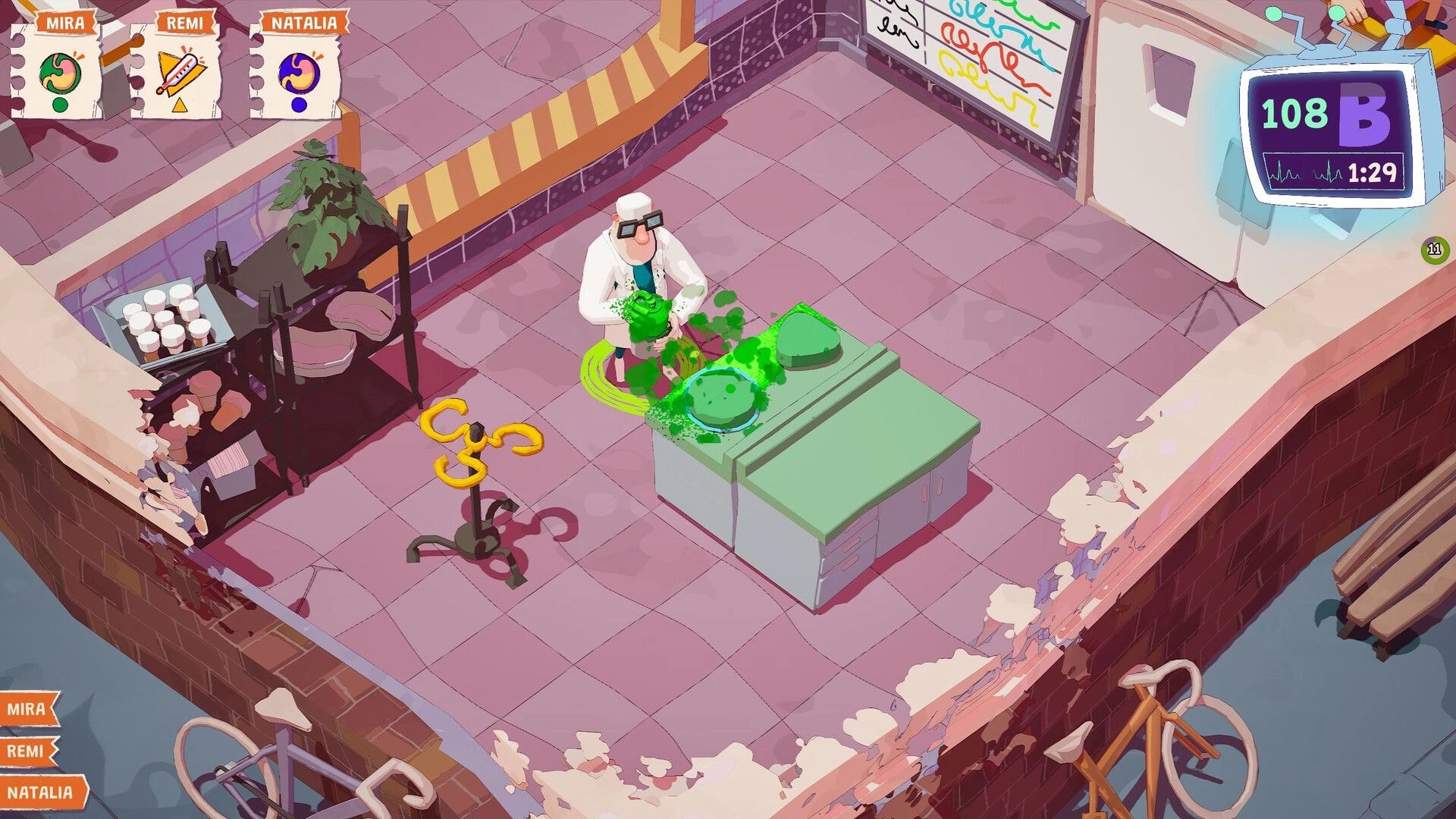 General Practice: Doctor sprays green goo on an exam table in a clinic room with vitals timer UI.