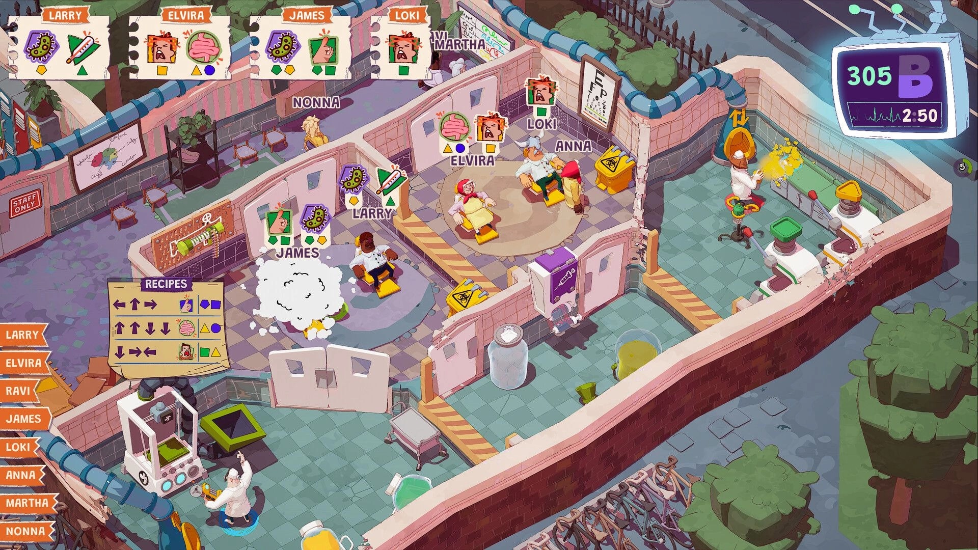 General Practice: Co-op doctors treat patients with recipe UI and timers in a chaotic clinic ward.