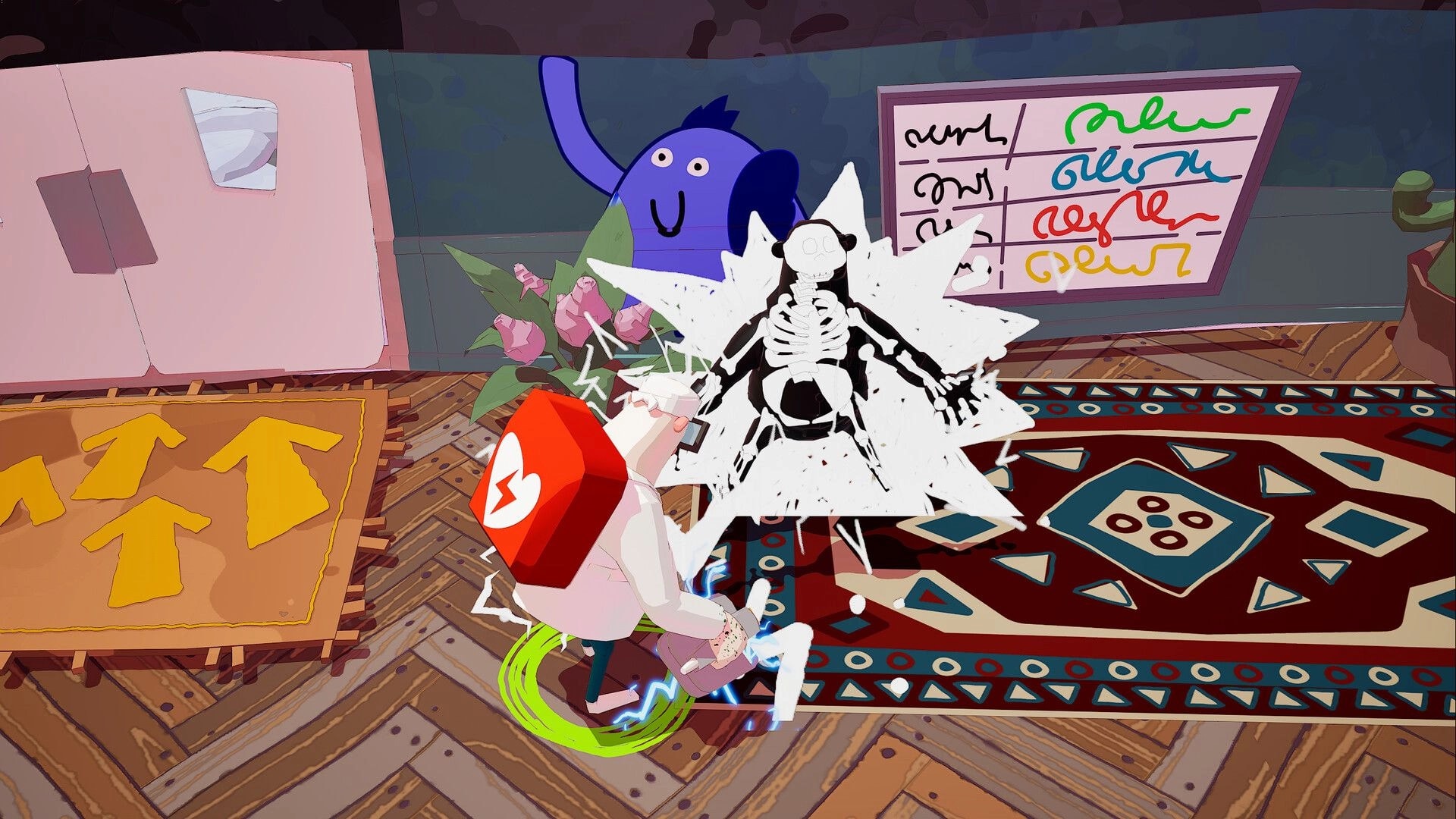 General Practice: Doctor shocks a patient skeleton with a defibrillator in a colorful clinic room.