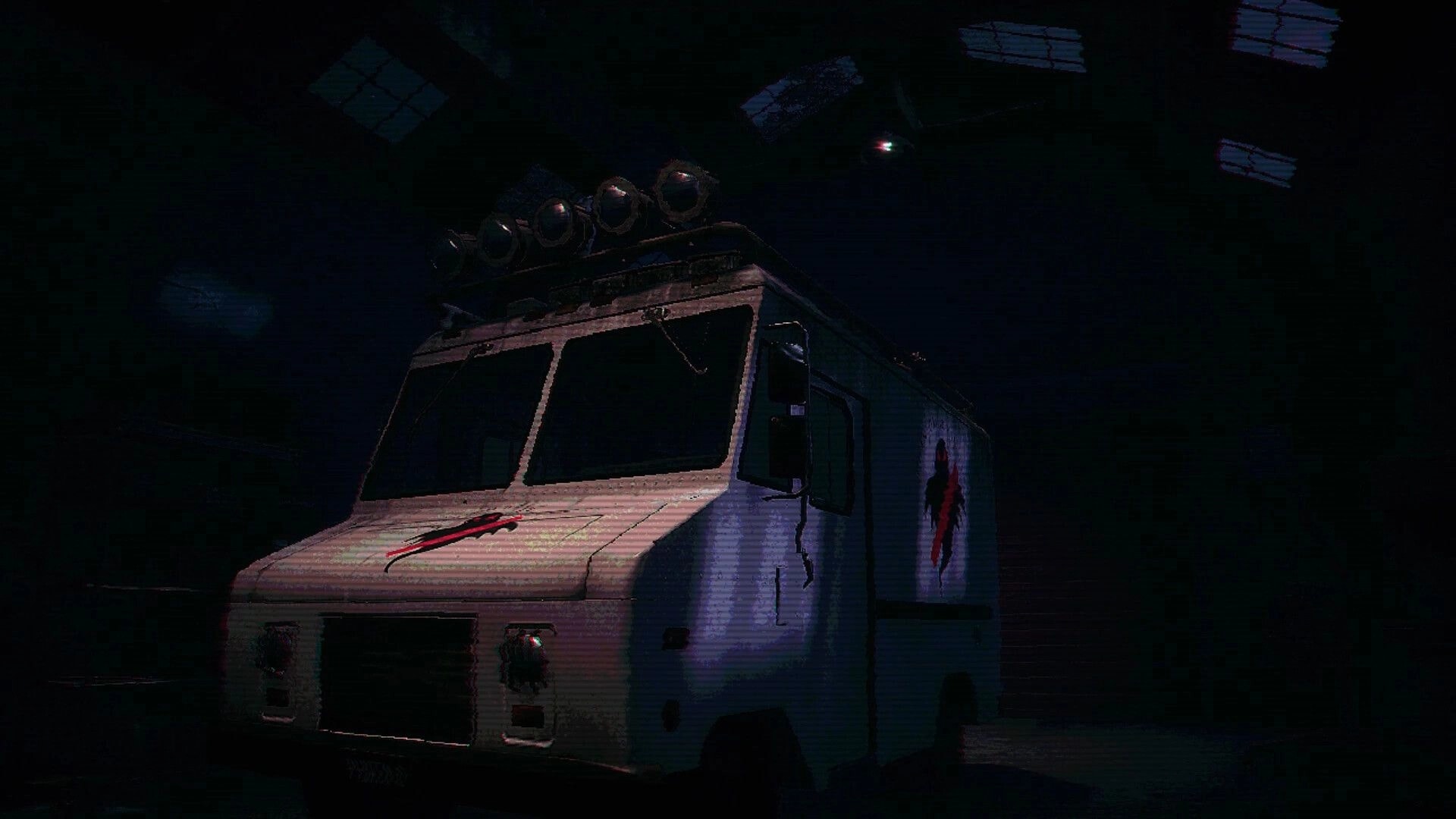 Ghost Scout: Ghost-hunting van with roof spotlights and blood decals parked in a dark warehouse bay.