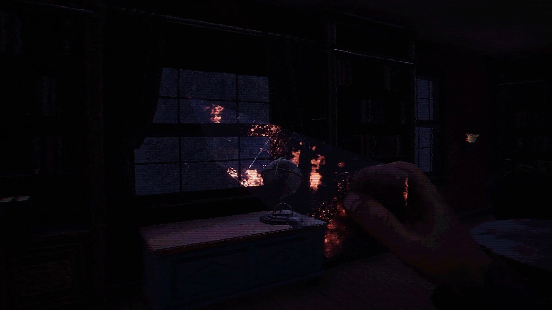 Ghost Scout: First-person view aiming a glowing device at a dark room with boarded windows and desk.