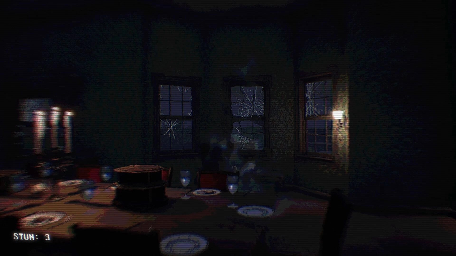 Ghost Scout: Blurred first-person view of a dining table with plates and cracked windows, STUN: 3 HUD.