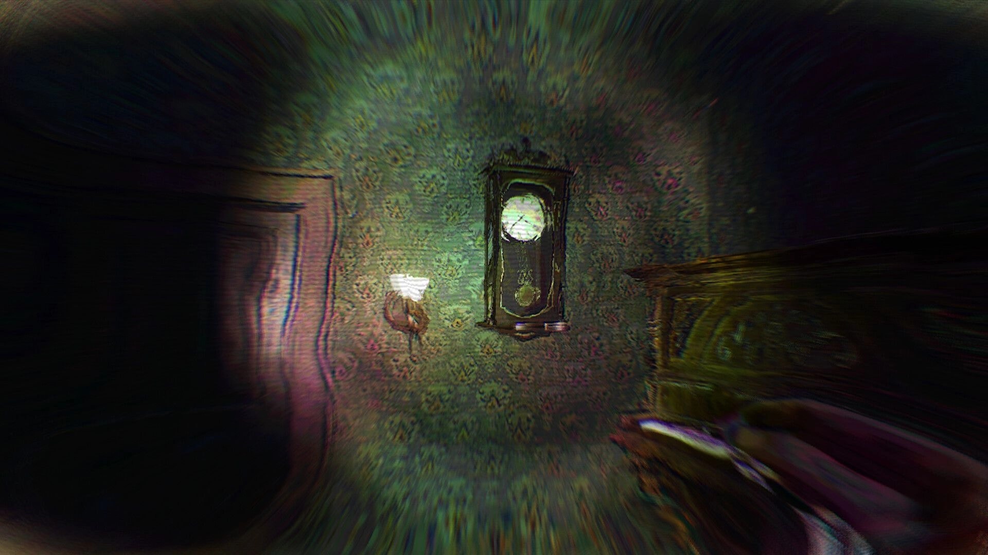 Ghost Scout: Blurred first-person view of wall clock and lamp on patterned wallpaper in dark room.