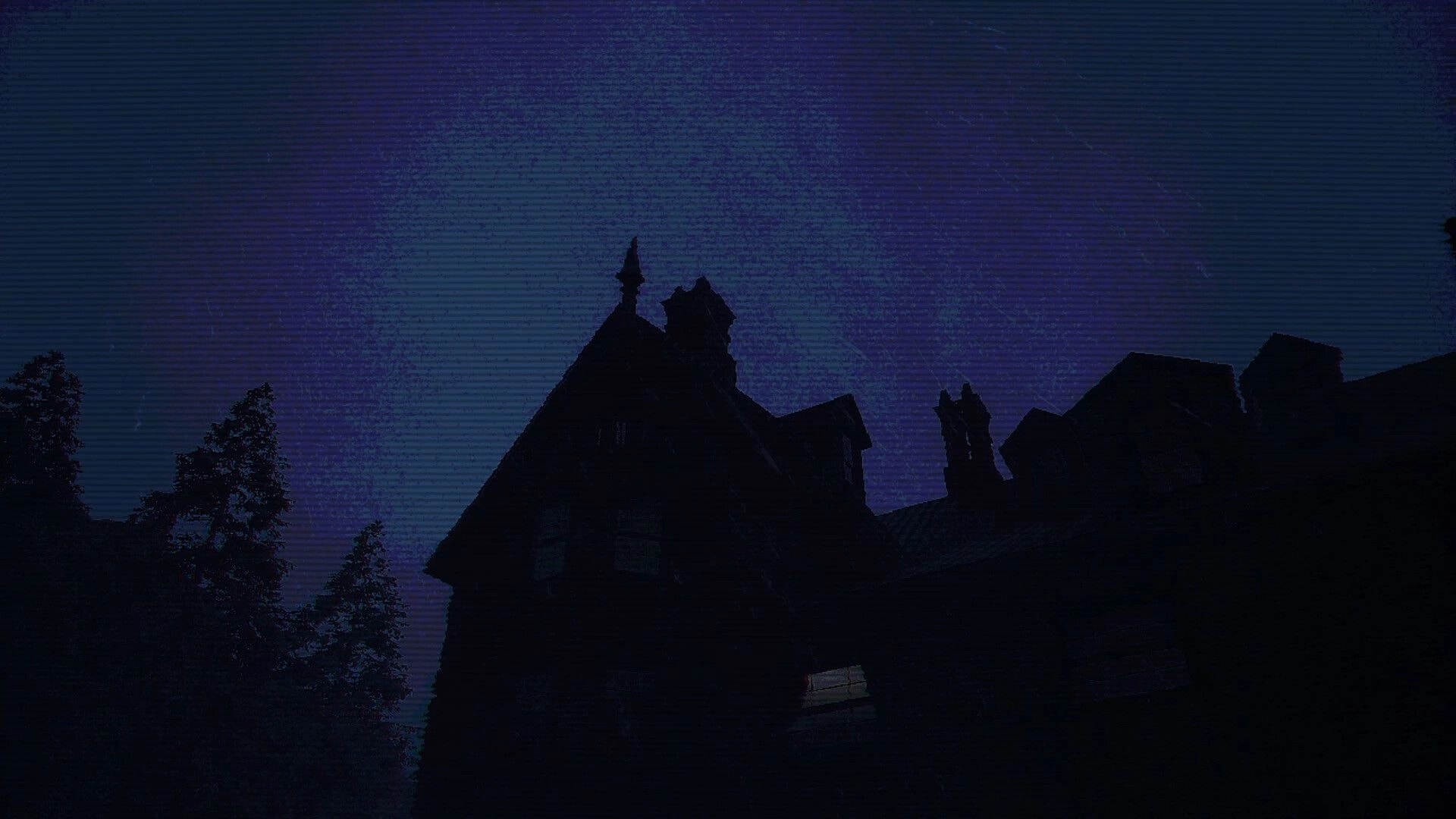 Ghost Scout: Shadowy mansion rooftop silhouette under starry night sky with VHS-style scanlines.