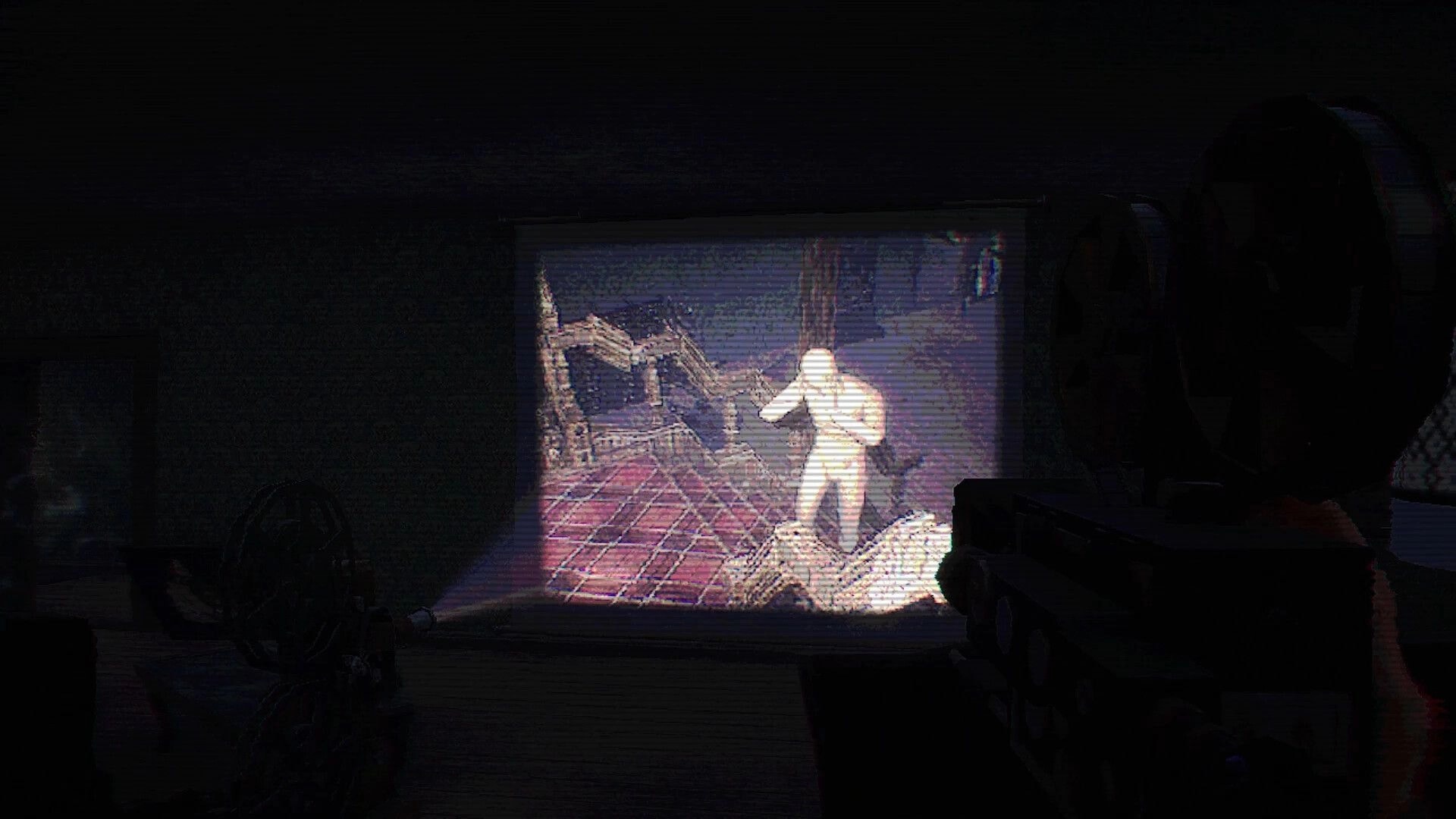 Ghost Scout: Grainy camcorder view of a white silhouette figure in a ruined room with stairs and debris.