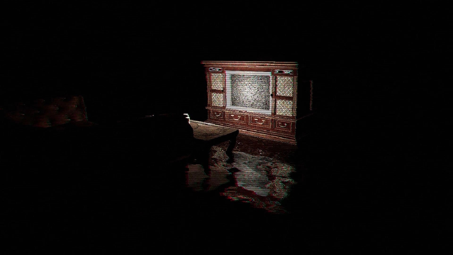 Ghost Scout: Flashlight aimed at a static-filled TV cabinet in a dark room with a low table.