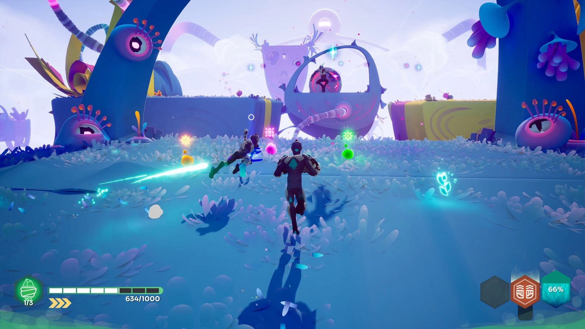 GODBREAKERS: Players engage in combat, collecting power orbs in a vibrant, alien landscape.