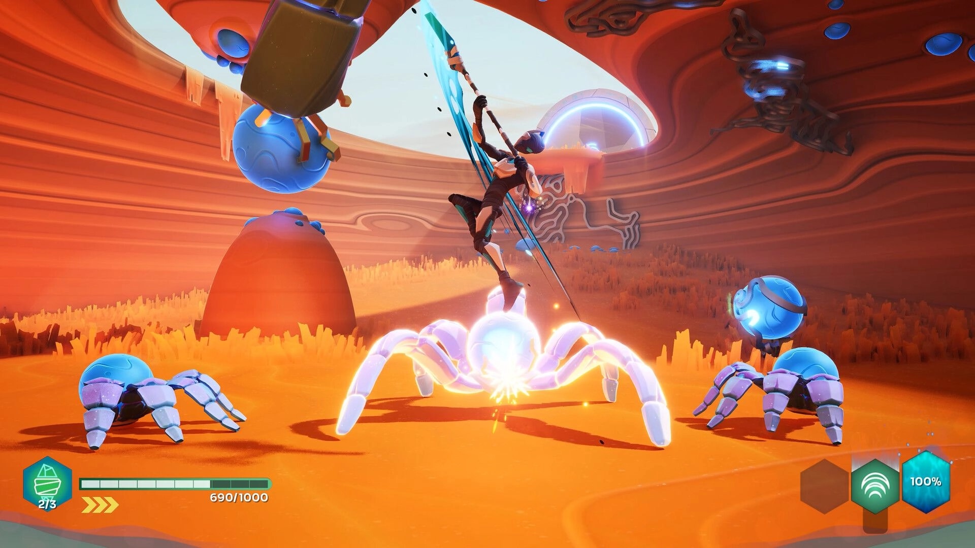 GODBREAKERS: Player battling glowing spider robot in alien desert landscape with UI health bar visible.