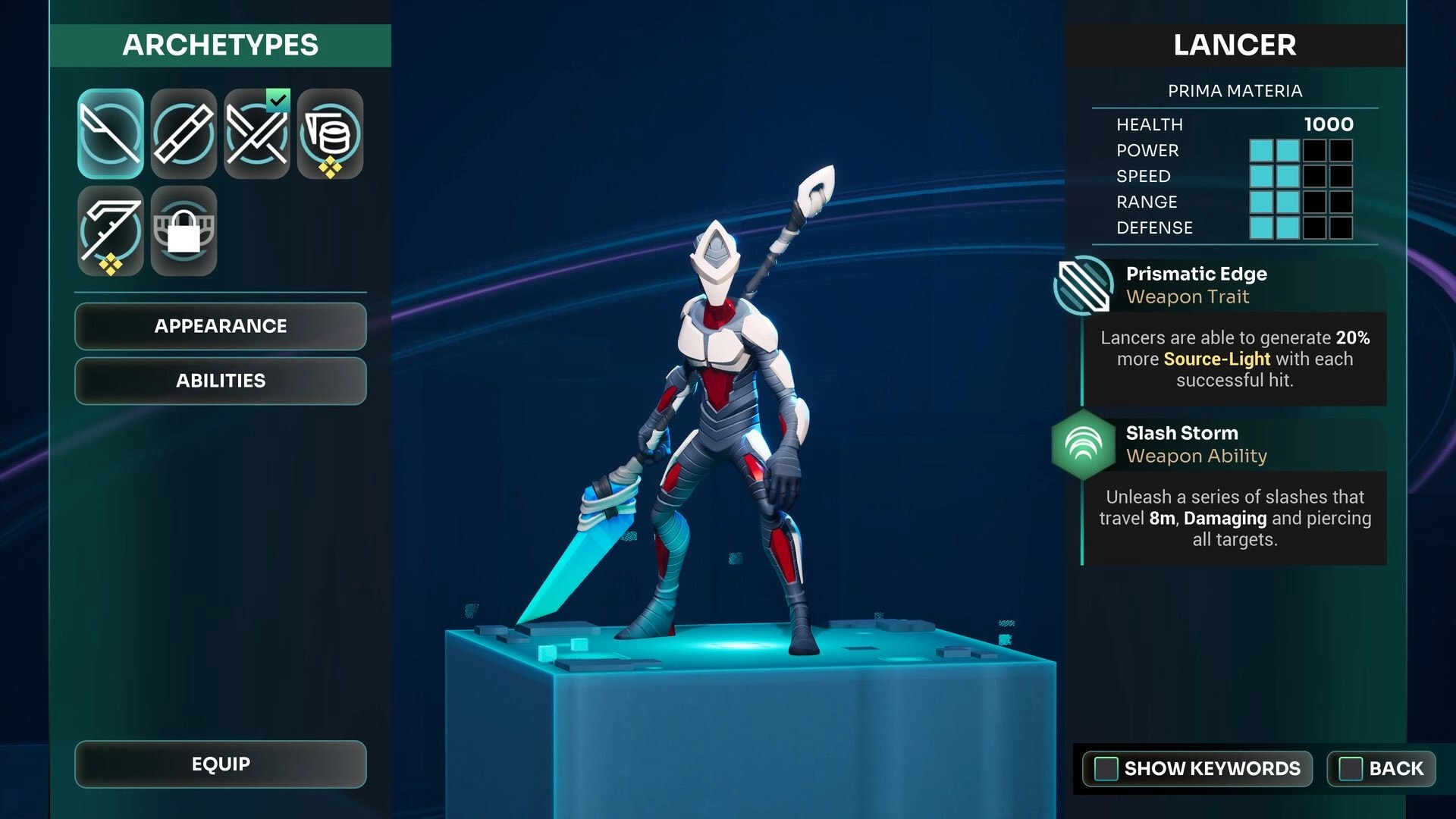 GODBREAKERS: Lancer character selection with weapon traits and abilities in futuristic interface