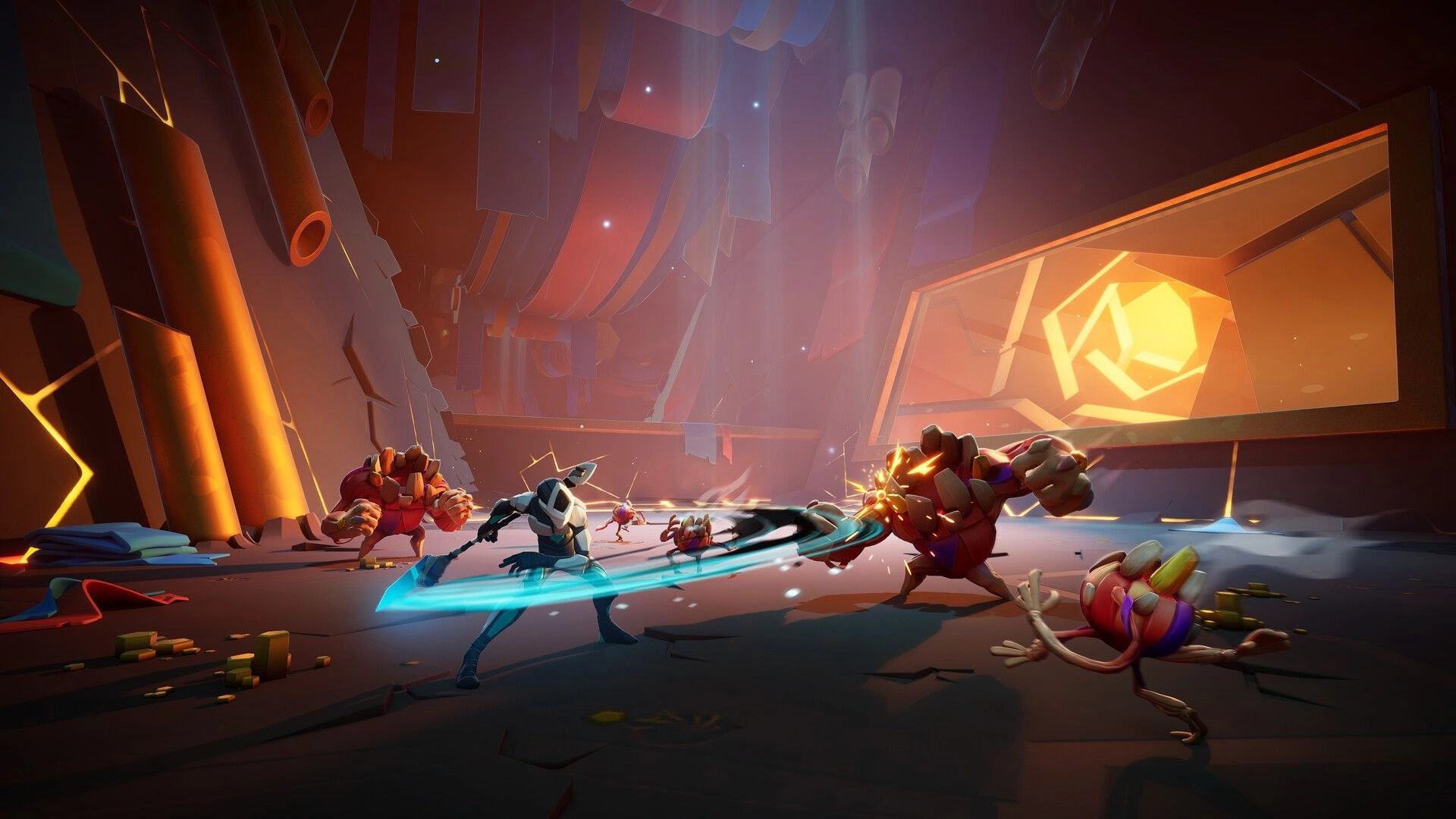 GODBREAKERS: Player character slashes through enemies in a futuristic, industrial-themed arena.