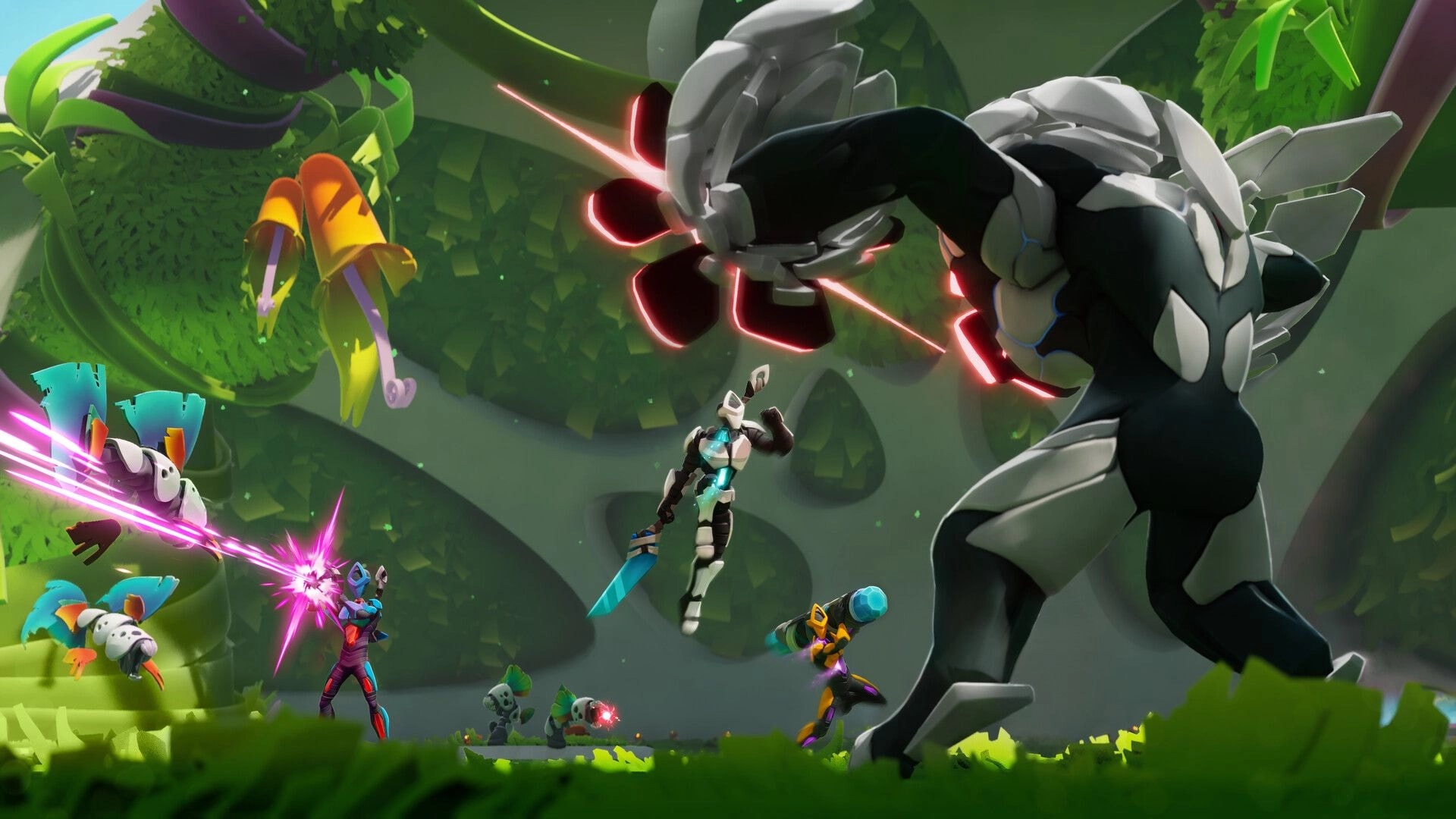 GODBREAKERS: Dynamic battle with four players attacking a giant robot in a lush, vibrant forest setting.