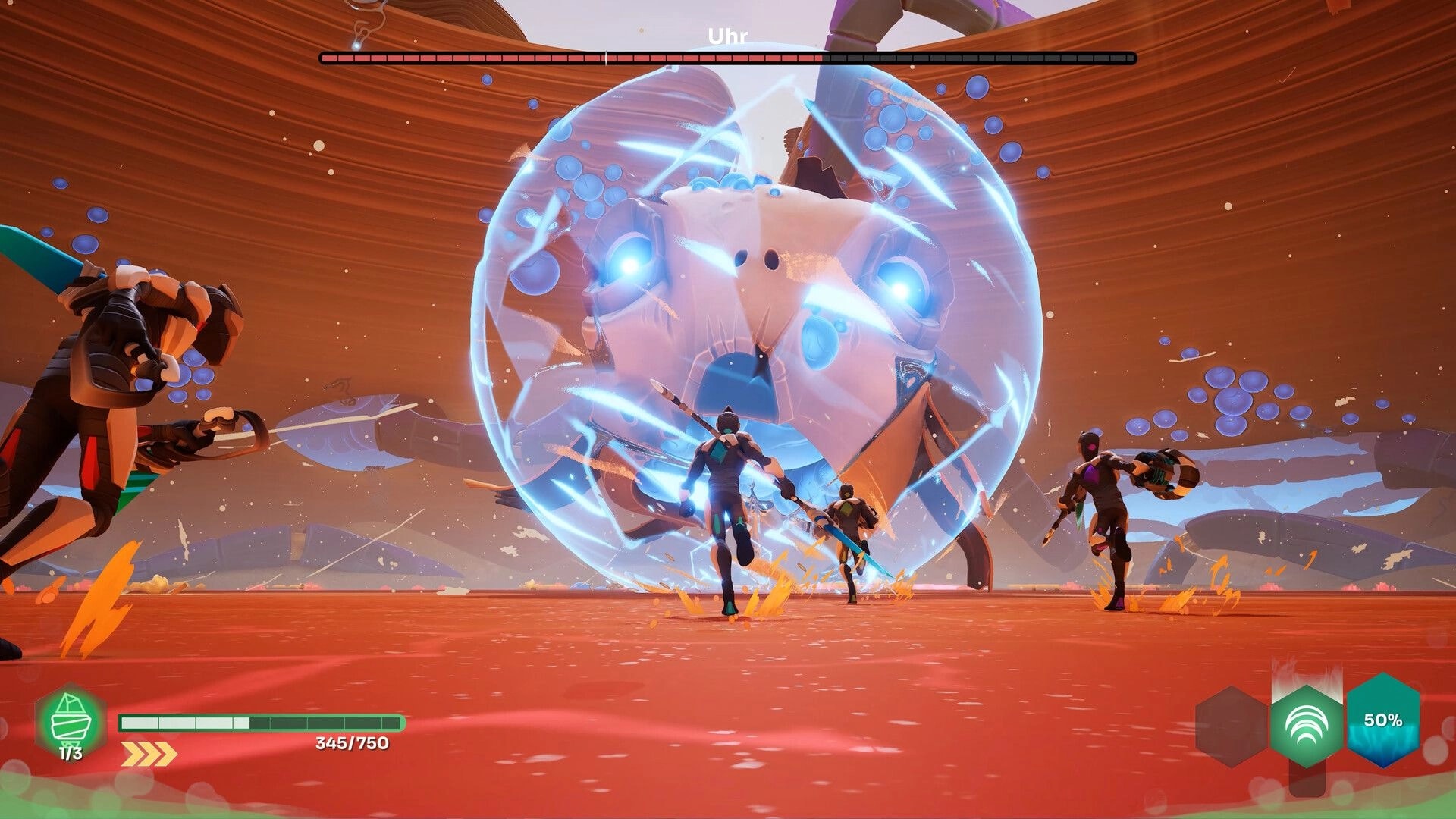 GODBREAKERS: Four players charge a shielded boss in a vibrant desert arena with active HUD elements.