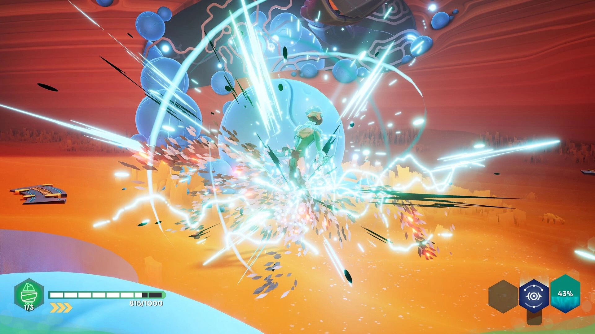 GODBREAKERS: Character unleashing powerful energy attack in vibrant desert environment with UI overlay