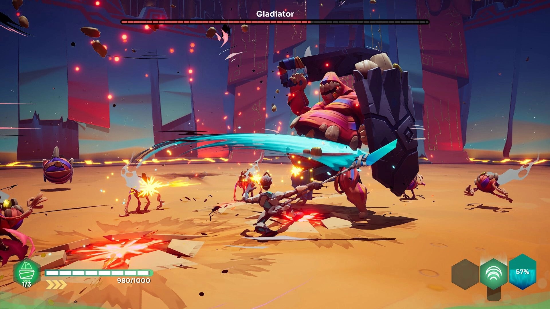GODBREAKERS: Player battles Gladiator boss with sword in a vibrant desert arena, health at 980/1000.