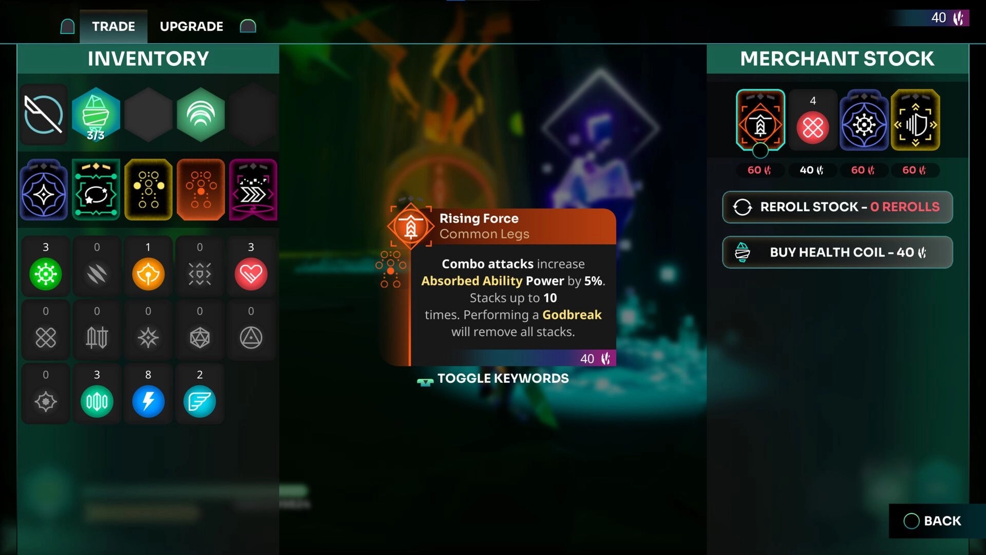 GODBREAKERS: Inventory and merchant stock interface with Rising Force item details in neon-lit shop.