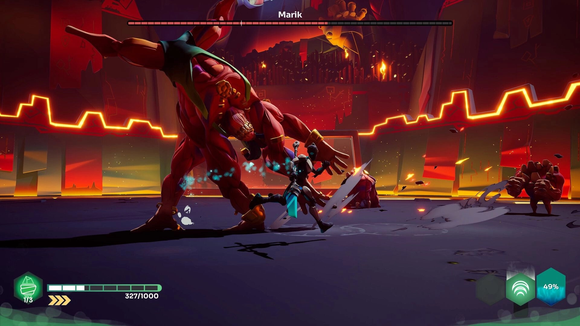 GODBREAKERS: Player battles giant red boss Marik in a fiery arena with health bar and UI elements visible.